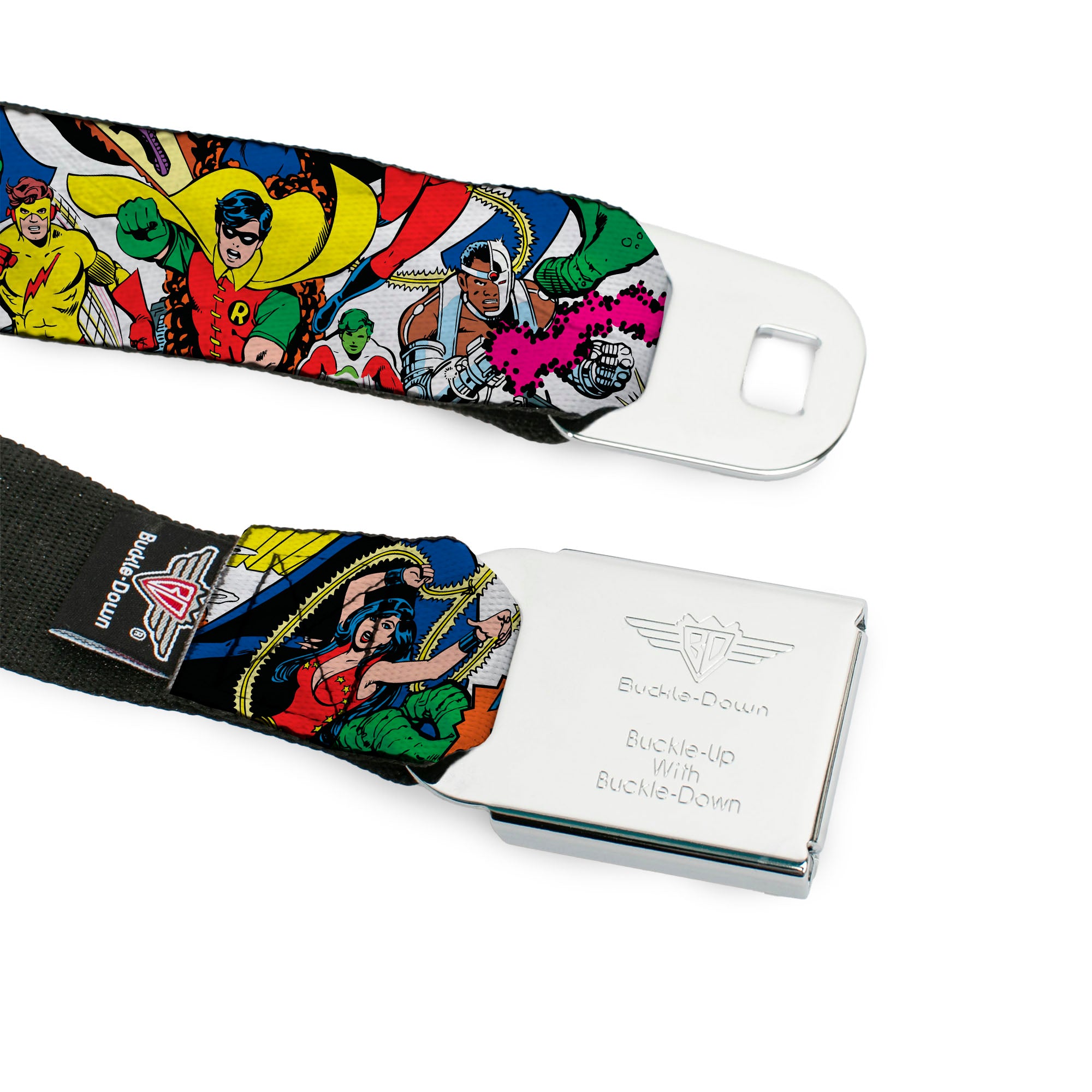 THE NEW TEEN TITANS Logo Full Color Black Red Blue Yellow Seatbelt Belt - THE NEW TEEN TITANS Issue #1 Superhero Cover Poses White Webbing Seatbelt Belts DC Comics