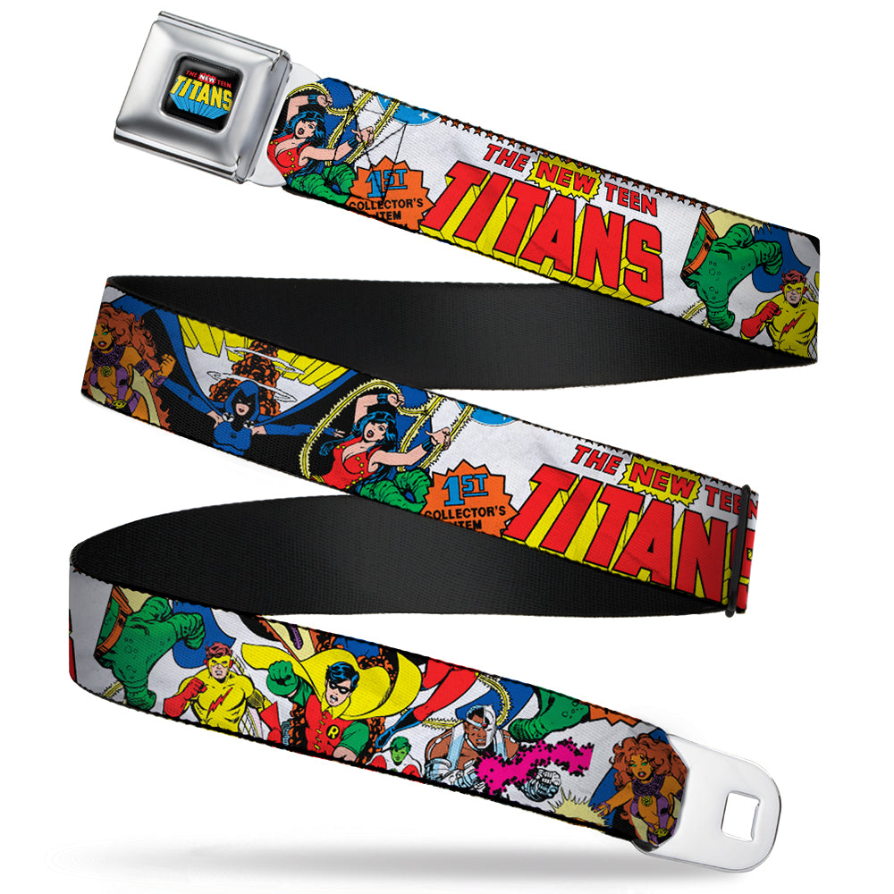THE NEW TEEN TITANS Logo Full Color Black Red Blue Yellow Seatbelt Belt - THE NEW TEEN TITANS Issue #1 Superhero Cover Poses White Webbing Seatbelt Belts DC Comics