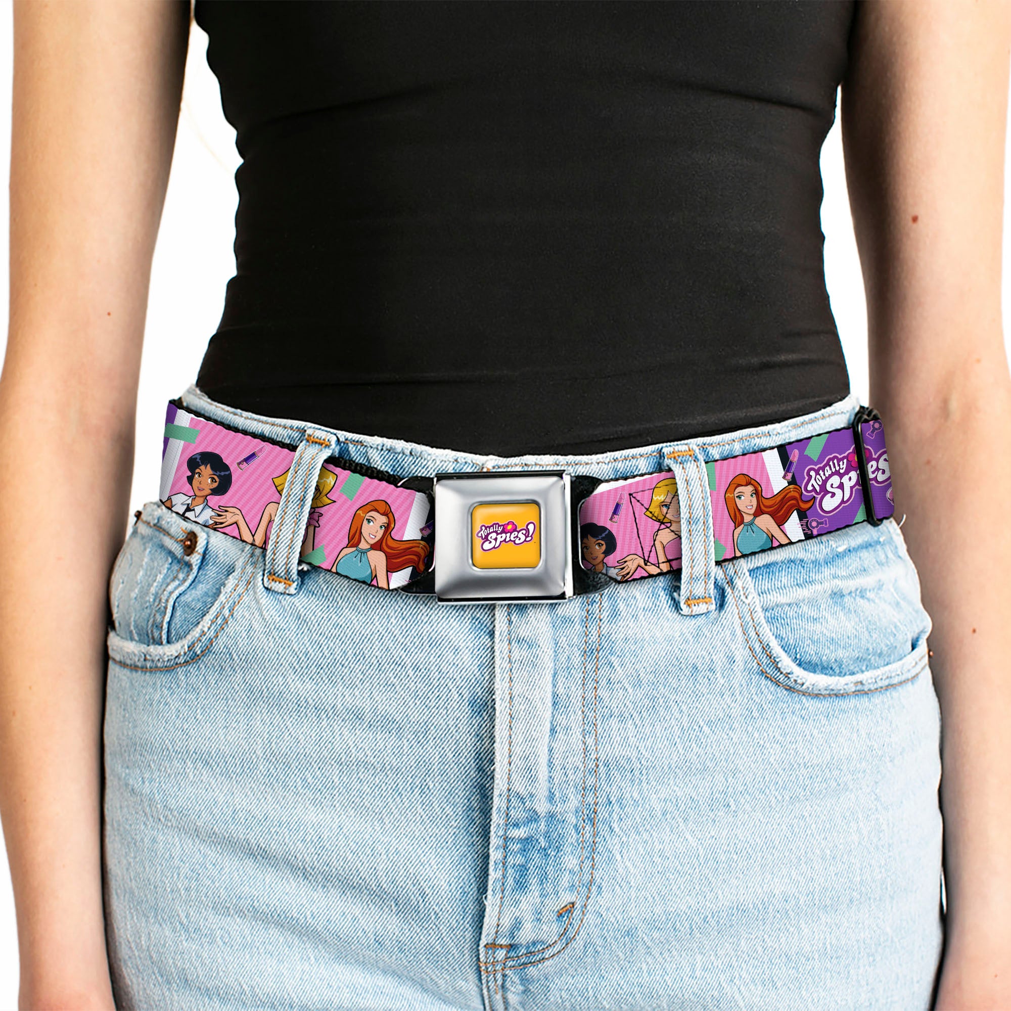TOTALLY SPIES! Title Logo Full Color Yellow Seatbelt Belt - TOTALLY SPIES! Girls Group Pose and Title Logo Blue/Pink Webbing