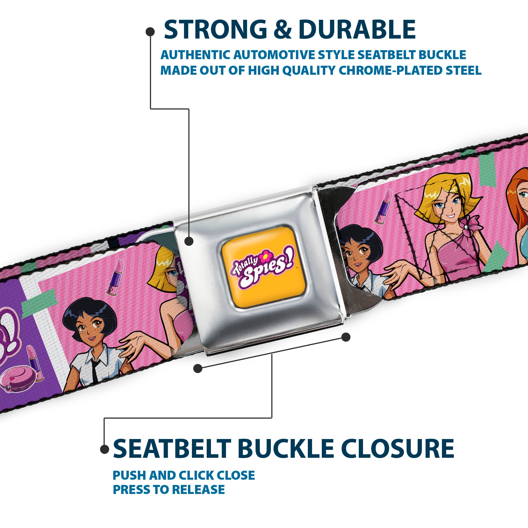 TOTALLY SPIES! Title Logo Full Color Yellow Seatbelt Belt - TOTALLY SPIES! Girls Group Pose and Title Logo Blue/Pink Webbing