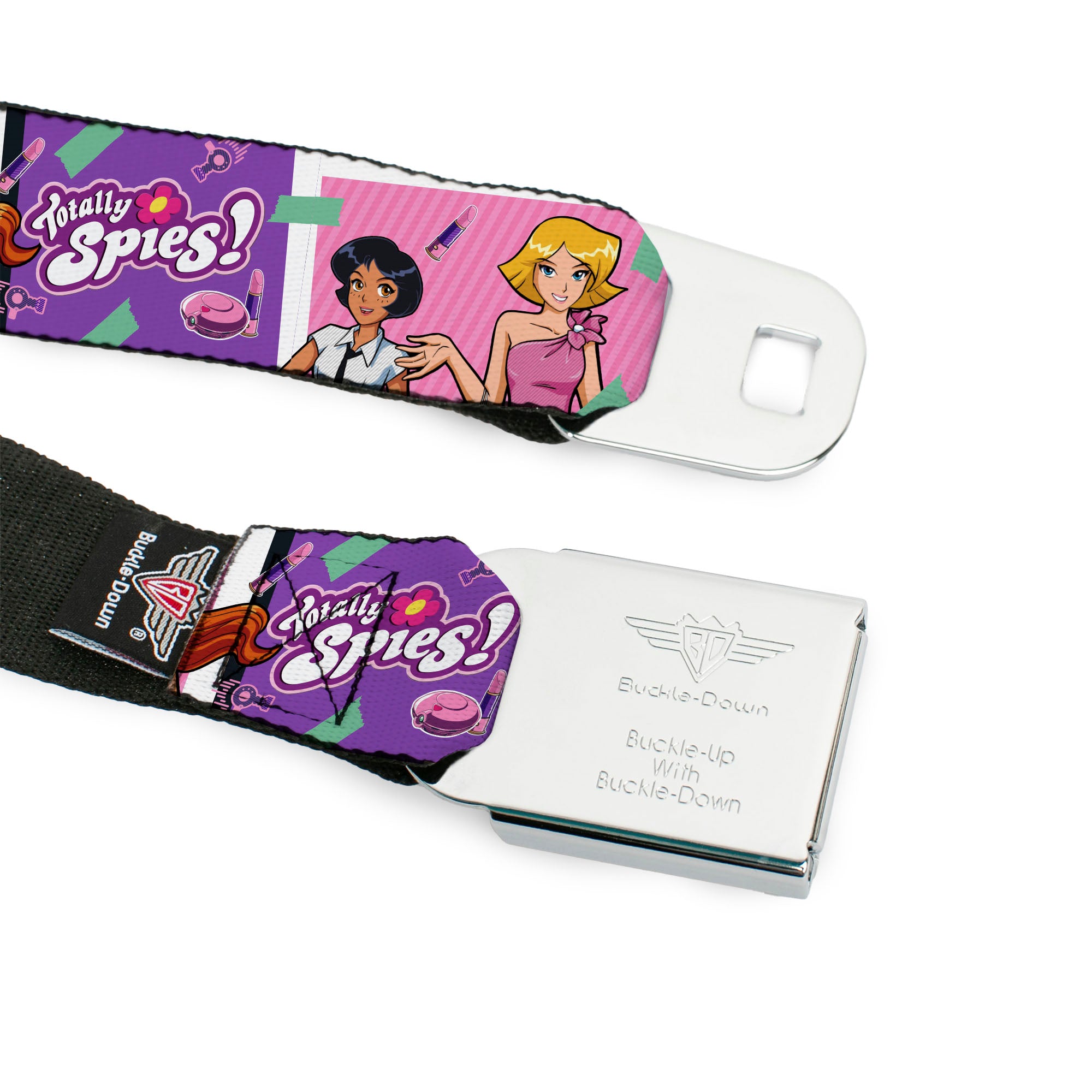 TOTALLY SPIES! Title Logo Full Color Yellow Seatbelt Belt - TOTALLY SPIES! Girls Group Pose and Title Logo Blue/Pink Webbing