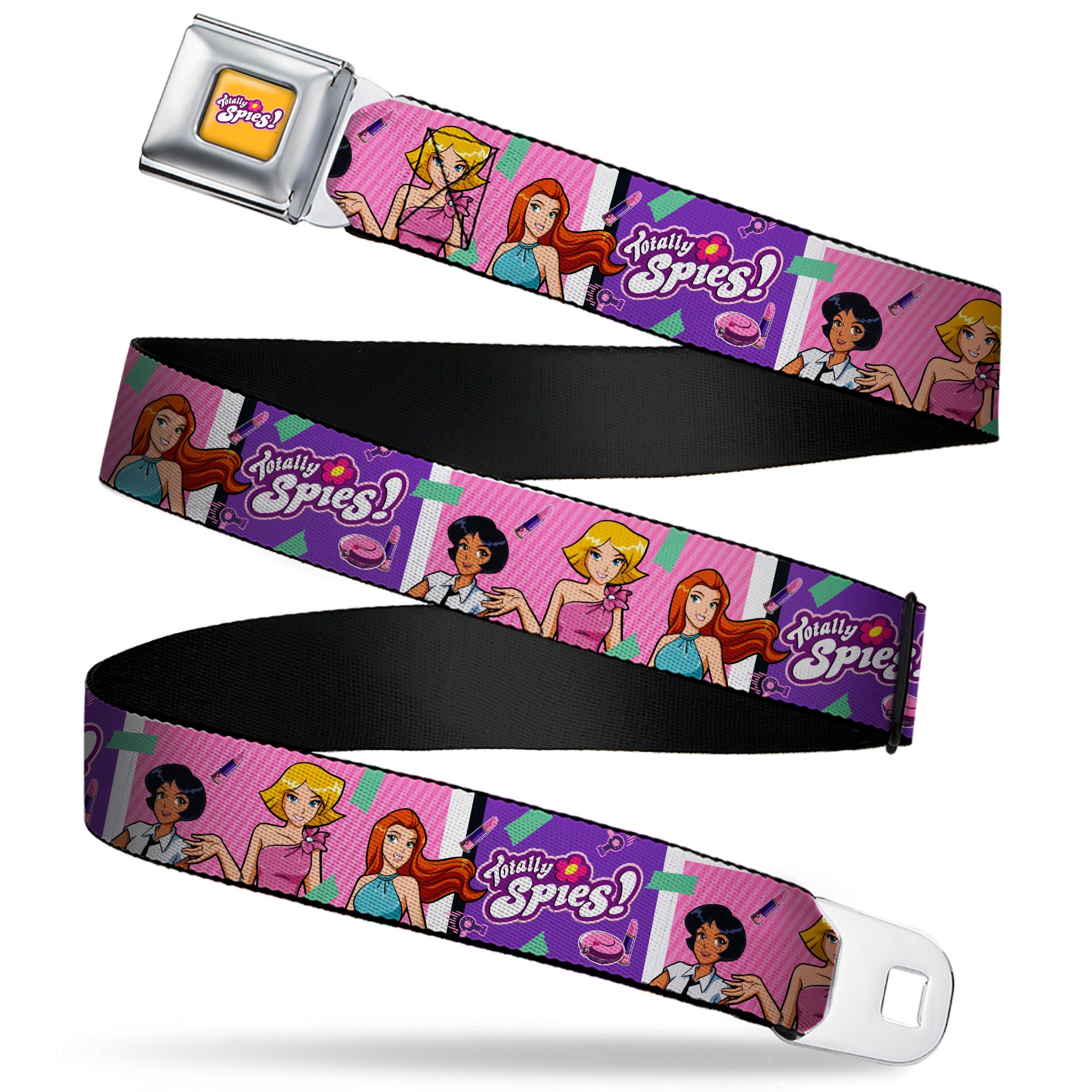 TOTALLY SPIES! Title Logo Full Color Yellow Seatbelt Belt - TOTALLY SPIES! Girls Group Pose and Title Logo Blue/Pink Webbing