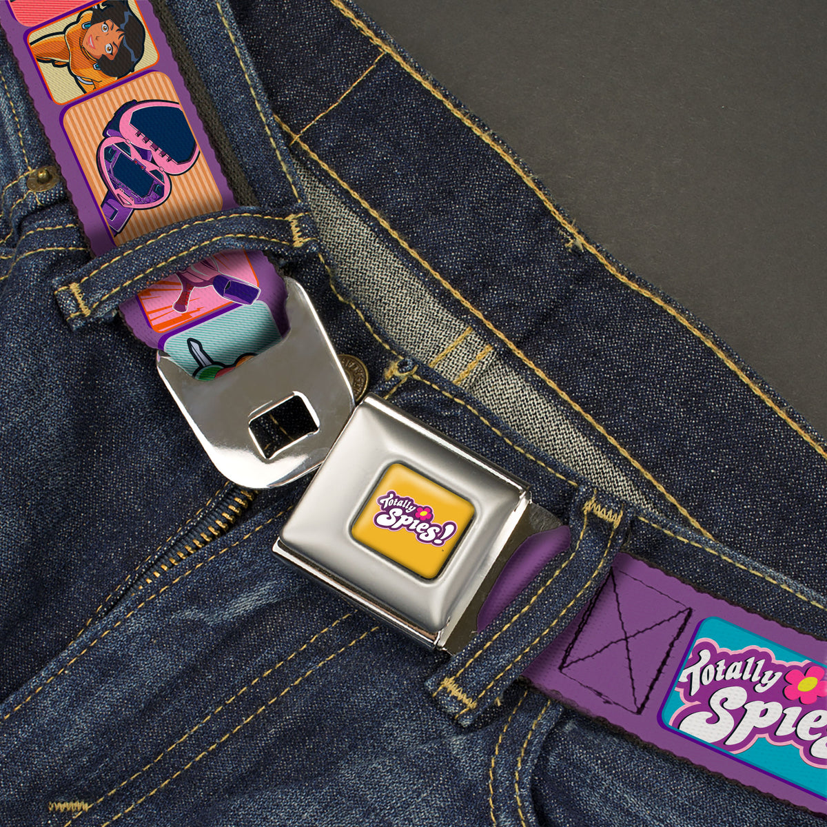 TOTALLY SPIES! Title Logo Full Color Yellow Seatbelt Belt - TOTALLY SPIES Icons and Pose Blocks Multi Color Webbing Seatbelt Belts Totally Spies!