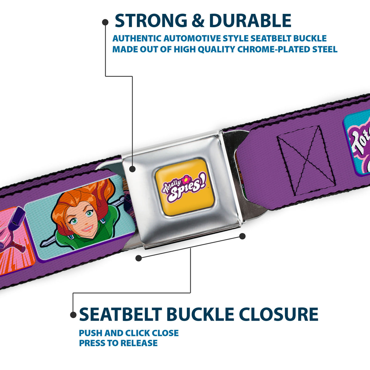 TOTALLY SPIES! Title Logo Full Color Yellow Seatbelt Belt - TOTALLY SPIES Icons and Pose Blocks Multi Color Webbing Seatbelt Belts Totally Spies!