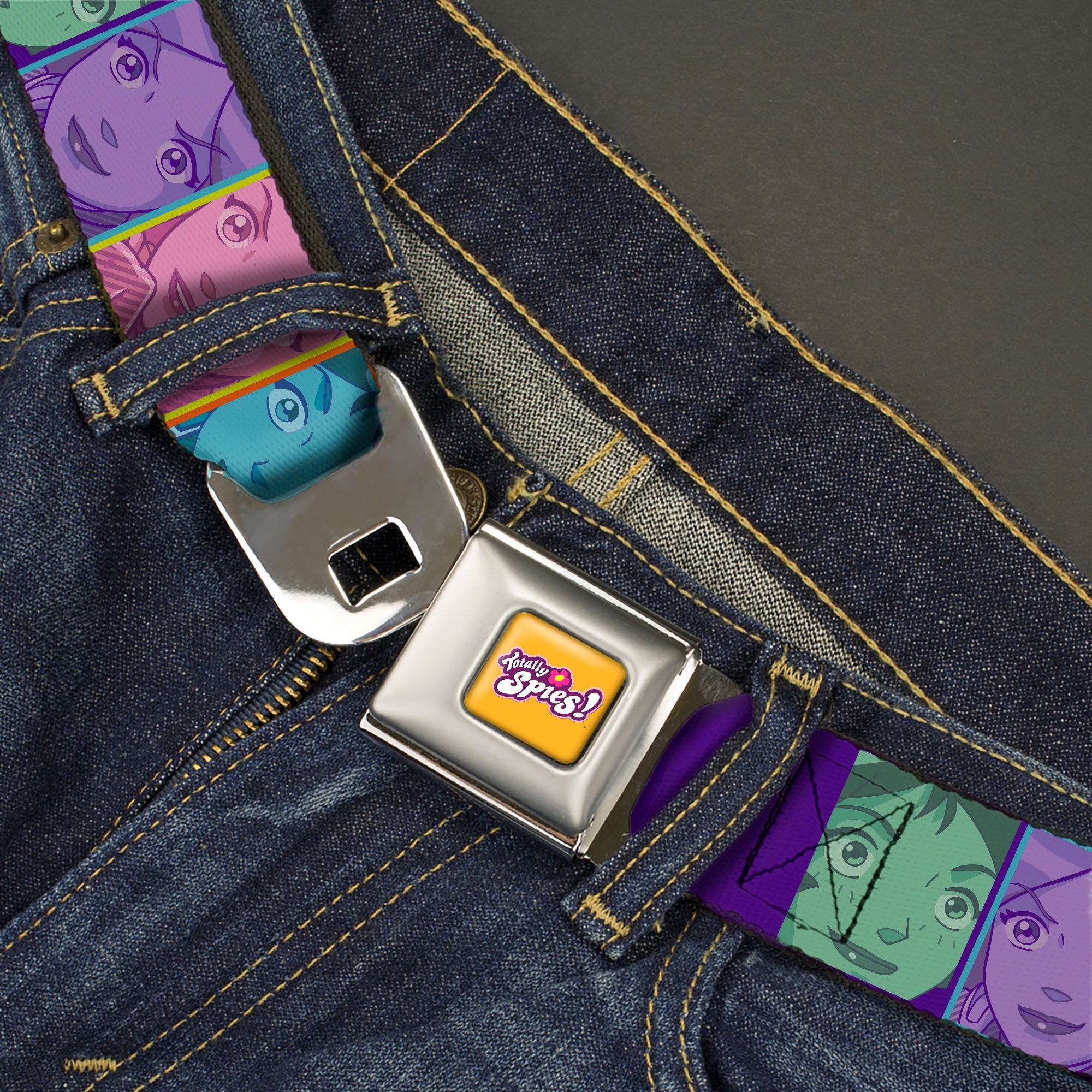 TOTALLY SPIES! Title Logo Full Color Yellow Seatbelt Belt - Totally Spies Character Face Blocks Multi Color Webbing