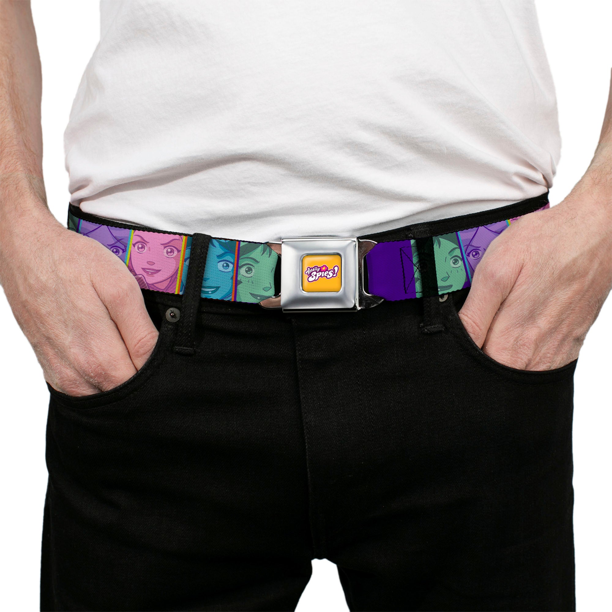 TOTALLY SPIES! Title Logo Full Color Yellow Seatbelt Belt - Totally Spies Character Face Blocks Multi Color Webbing