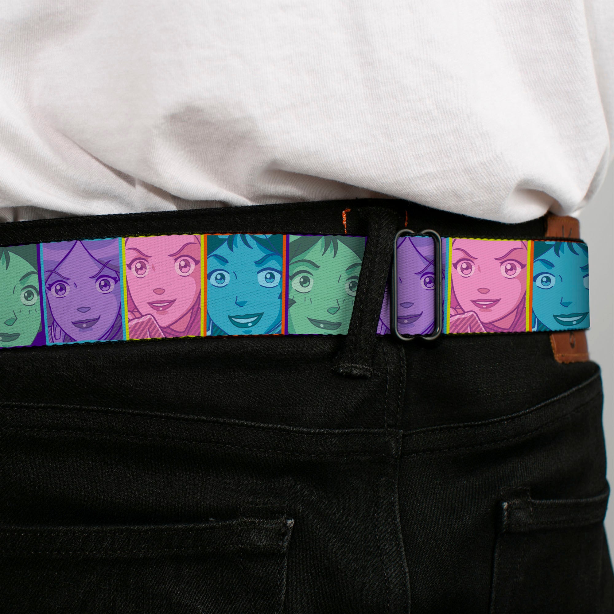 TOTALLY SPIES! Title Logo Full Color Yellow Seatbelt Belt - Totally Spies Character Face Blocks Multi Color Webbing