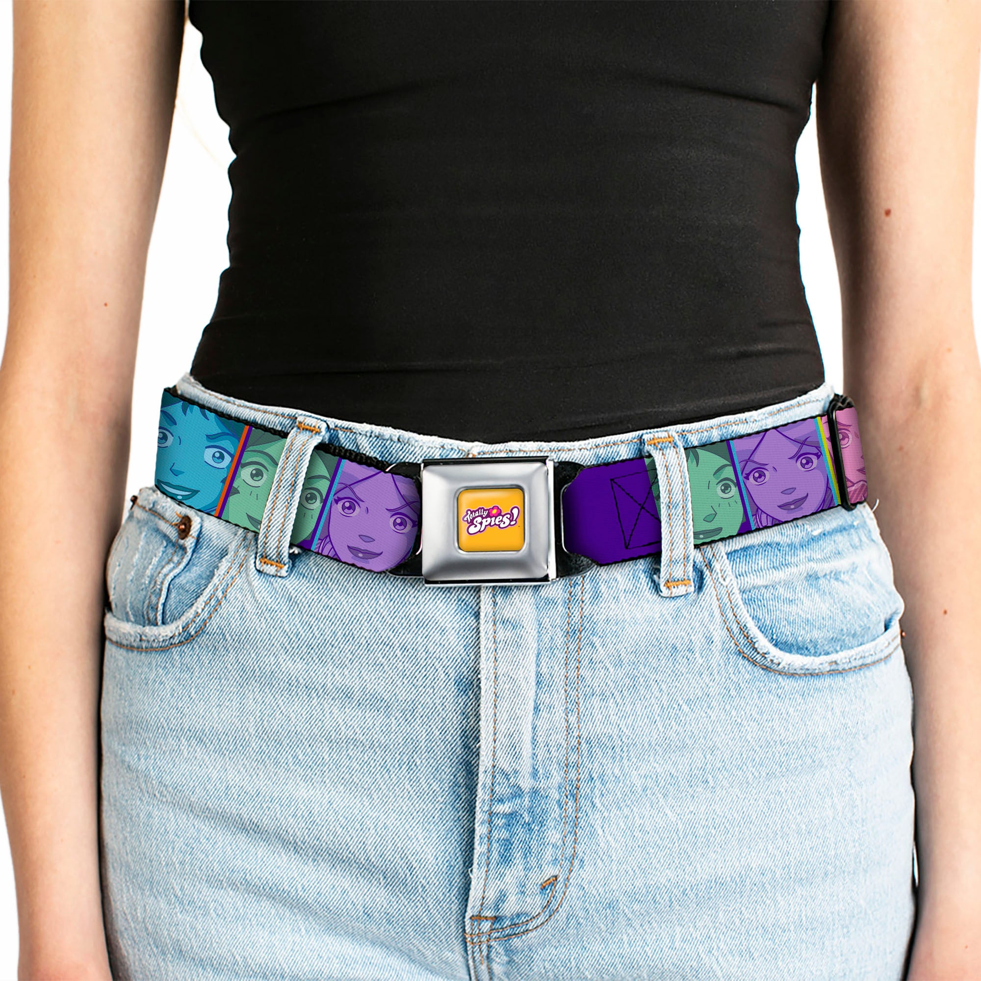 TOTALLY SPIES! Title Logo Full Color Yellow Seatbelt Belt - Totally Spies Character Face Blocks Multi Color Webbing