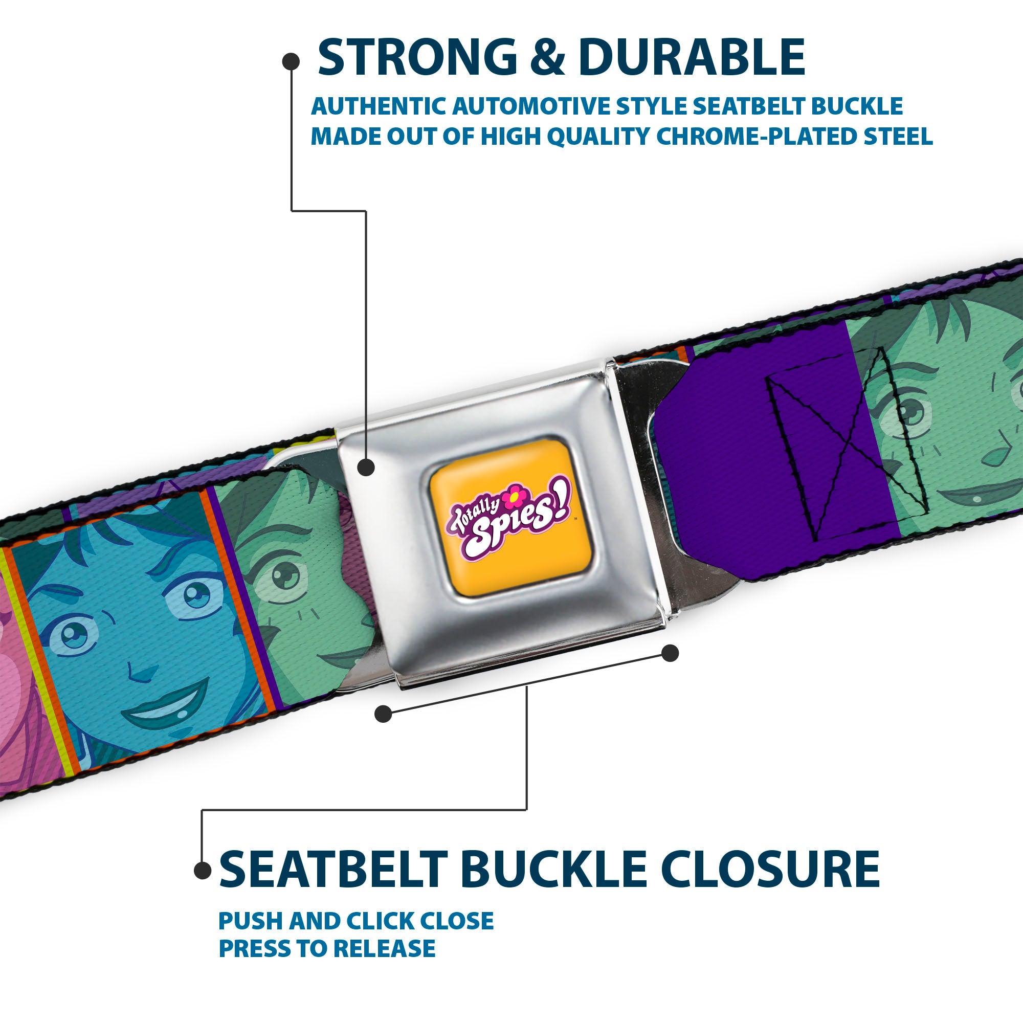 TOTALLY SPIES! Title Logo Full Color Yellow Seatbelt Belt - Totally Spies Character Face Blocks Multi Color Webbing
