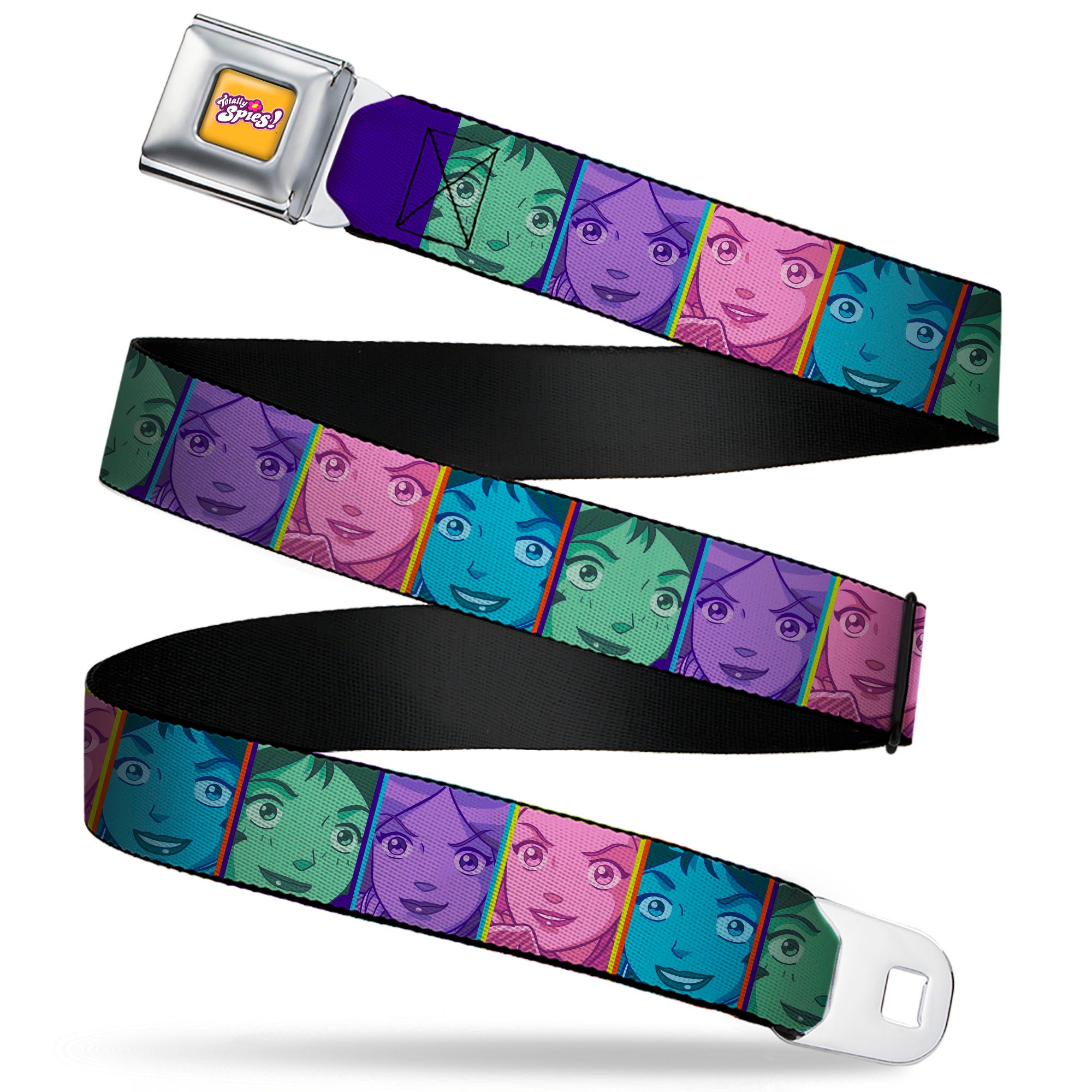 TOTALLY SPIES! Title Logo Full Color Yellow Seatbelt Belt - Totally Spies Character Face Blocks Multi Color Webbing