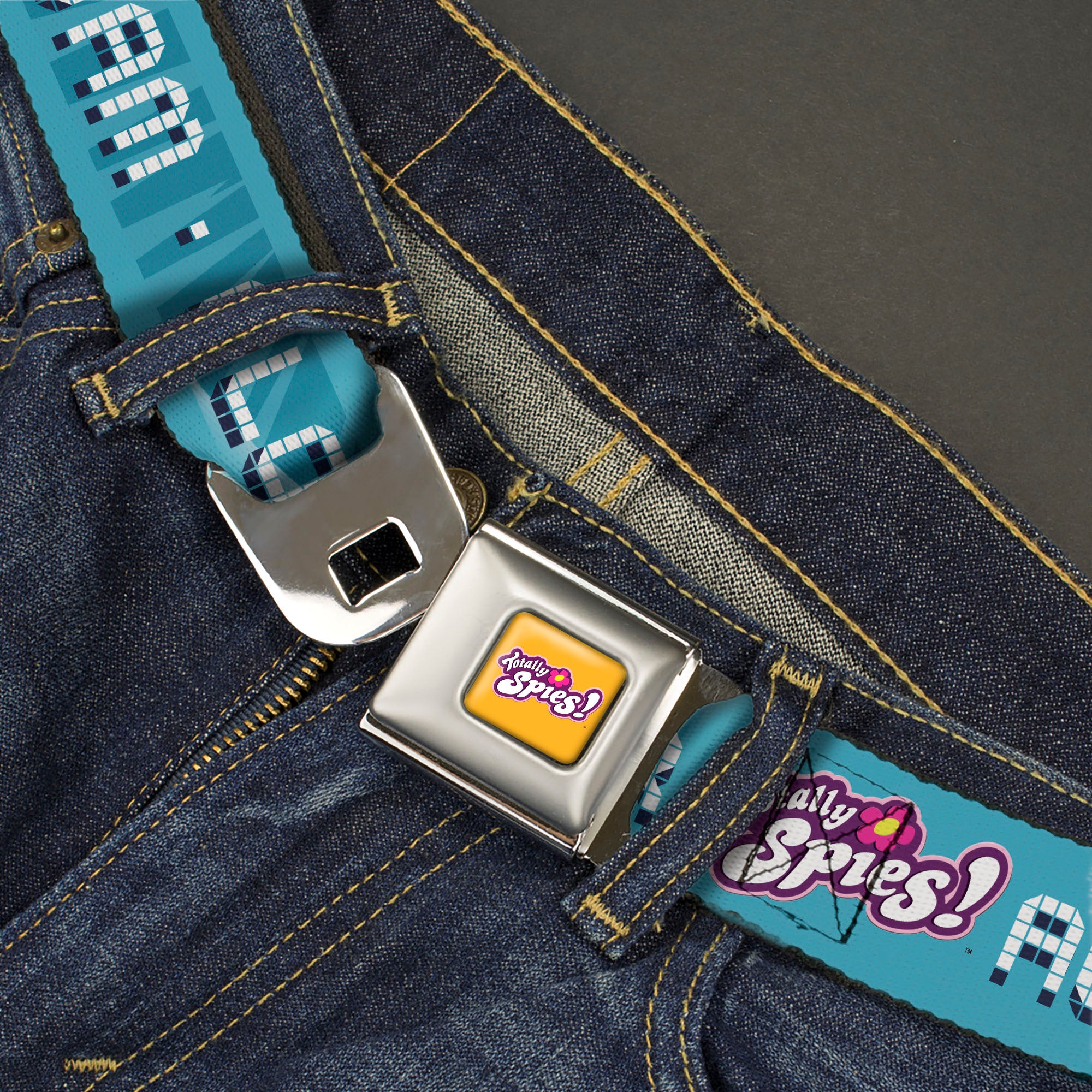 TOTALLY SPIES! Title Logo Full Color Yellow Seatbelt Belt - TOTALLY SPIES! ALEX SAM CLOVER Text and Title Logo Blues/White Webbing