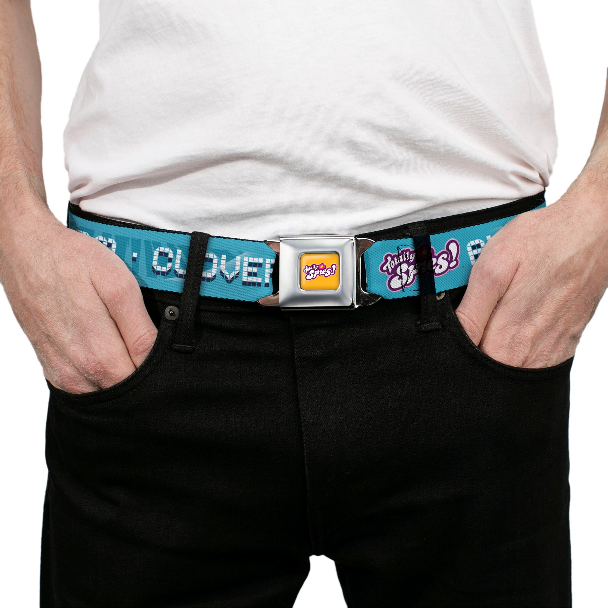 TOTALLY SPIES! Title Logo Full Color Yellow Seatbelt Belt - TOTALLY SPIES! ALEX SAM CLOVER Text and Title Logo Blues/White Webbing