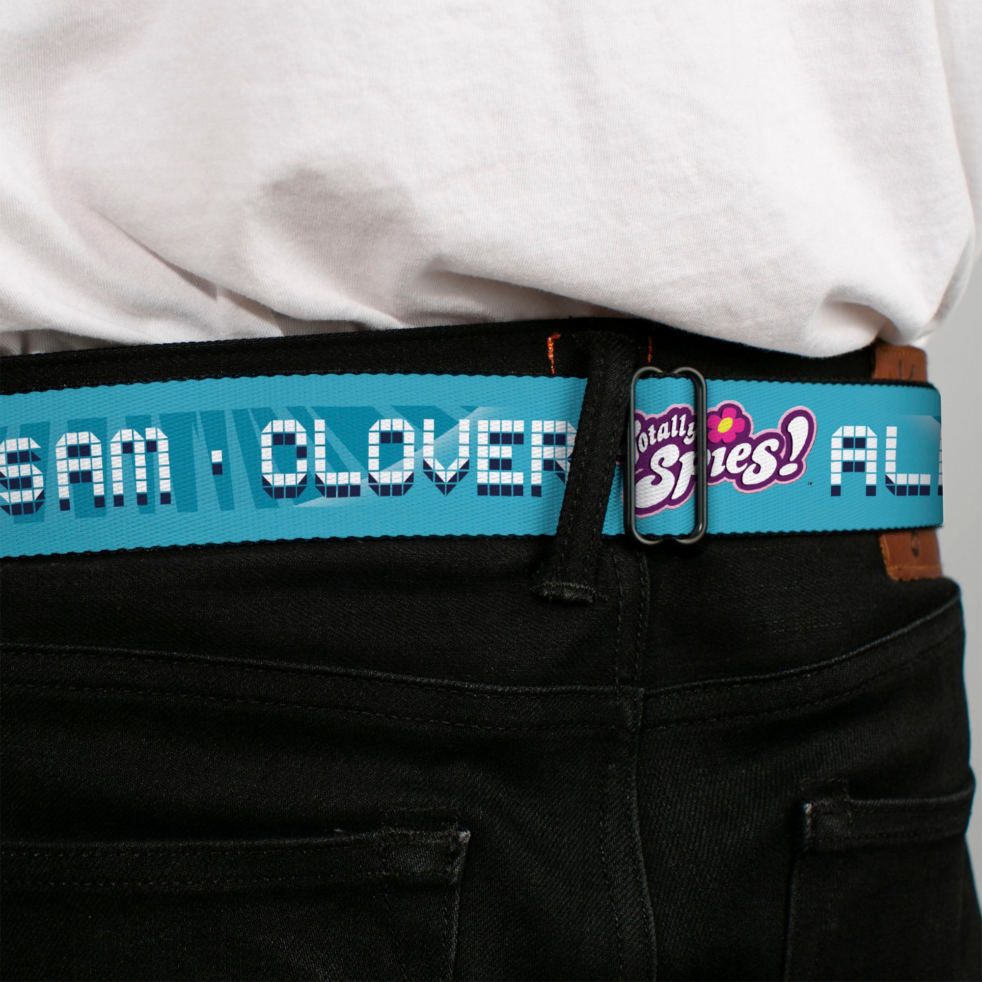 TOTALLY SPIES! Title Logo Full Color Yellow Seatbelt Belt - TOTALLY SPIES! ALEX SAM CLOVER Text and Title Logo Blues/White Webbing