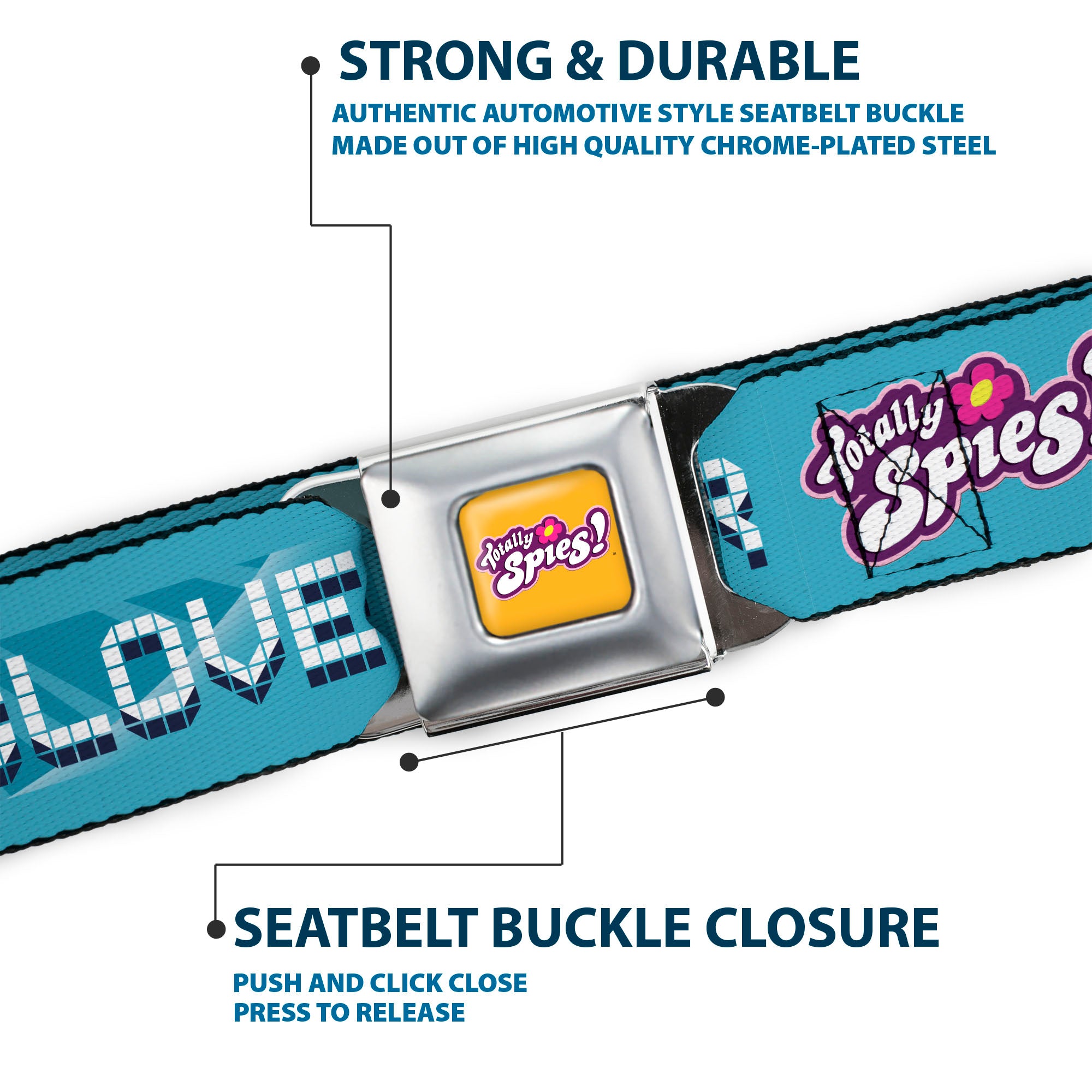 TOTALLY SPIES! Title Logo Full Color Yellow Seatbelt Belt - TOTALLY SPIES! ALEX SAM CLOVER Text and Title Logo Blues/White Webbing