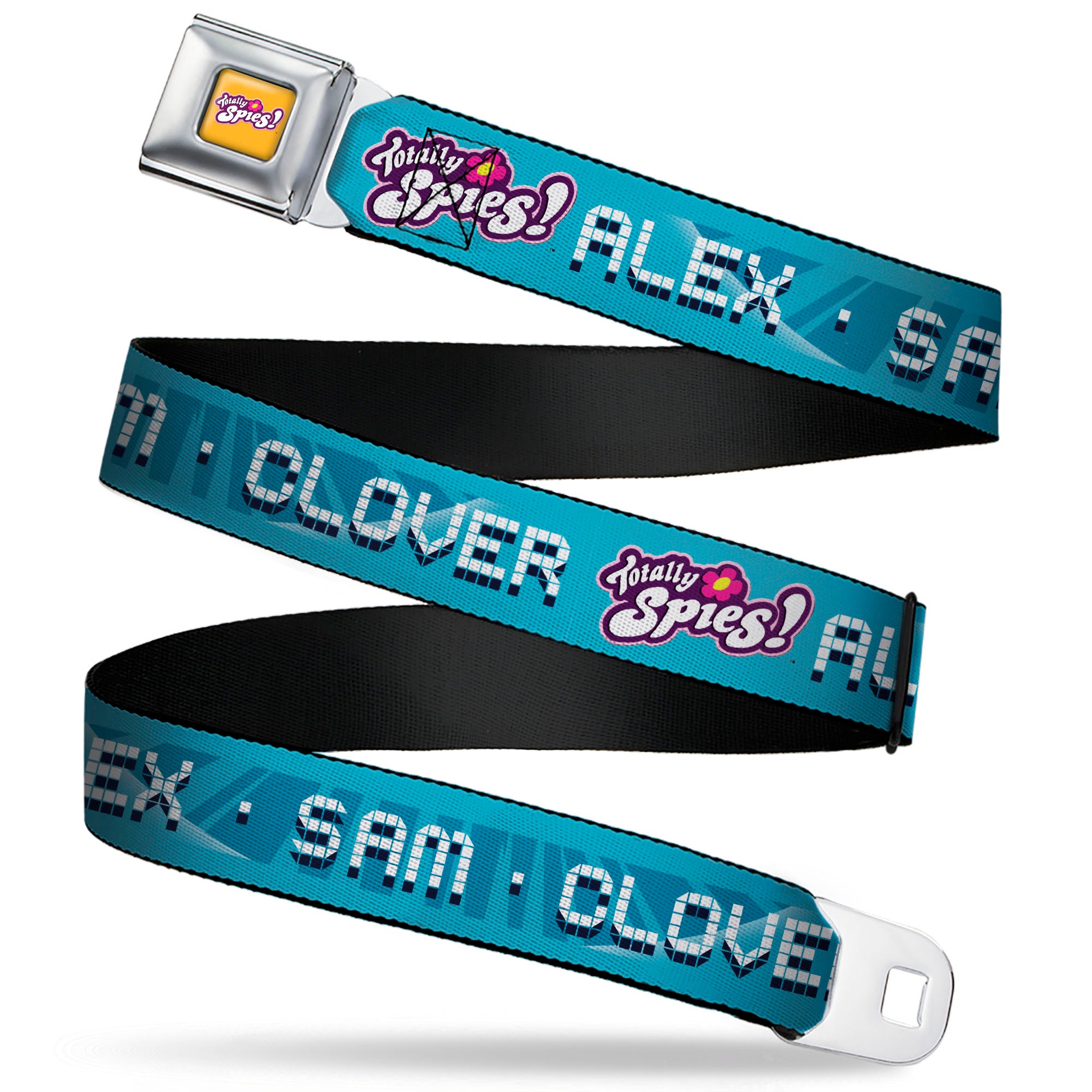 TOTALLY SPIES! Title Logo Full Color Yellow Seatbelt Belt - TOTALLY SPIES! ALEX SAM CLOVER Text and Title Logo Blues/White Webbing