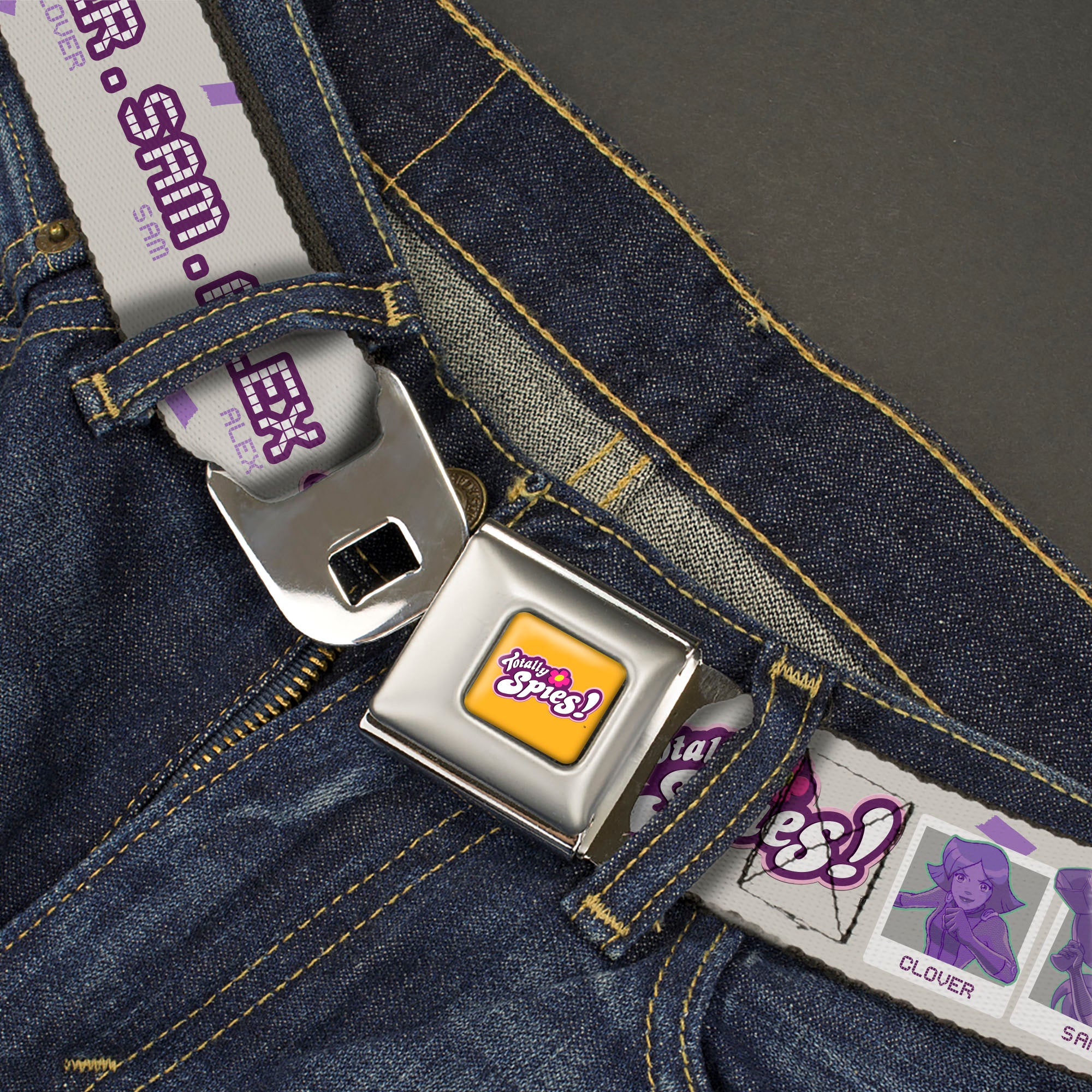 TOTALLY SPIES! Title Logo Full Color Yellow Seatbelt Belt - TOTALLY SPIES CLOVER SAM ALEX Pose Blocks and Text Grays/Purple/Blue Webbing