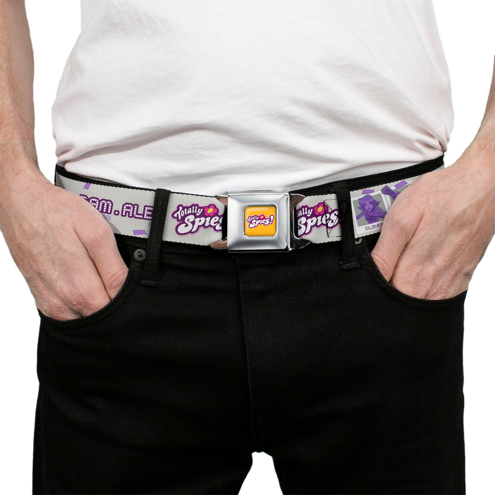 TOTALLY SPIES! Title Logo Full Color Yellow Seatbelt Belt - TOTALLY SPIES CLOVER SAM ALEX Pose Blocks and Text Grays/Purple/Blue Webbing