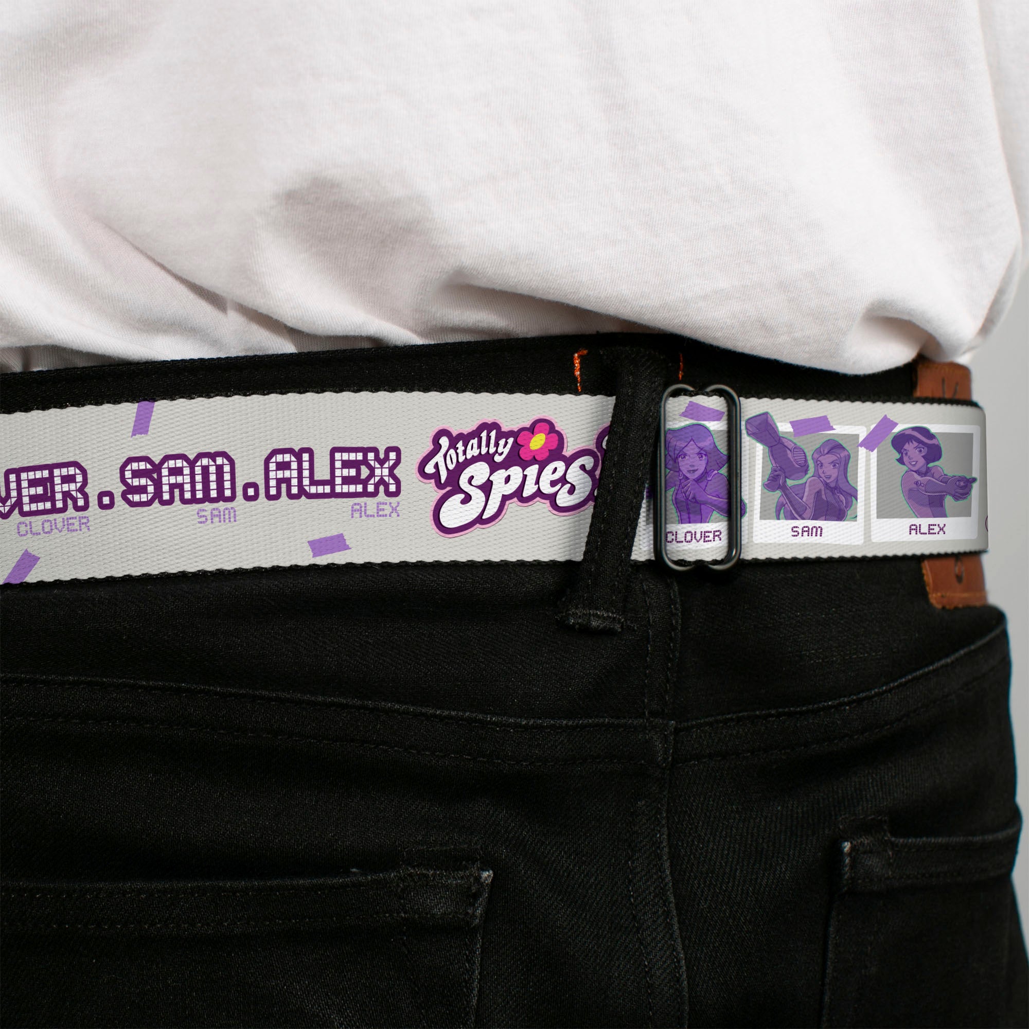 TOTALLY SPIES! Title Logo Full Color Yellow Seatbelt Belt - TOTALLY SPIES CLOVER SAM ALEX Pose Blocks and Text Grays/Purple/Blue Webbing