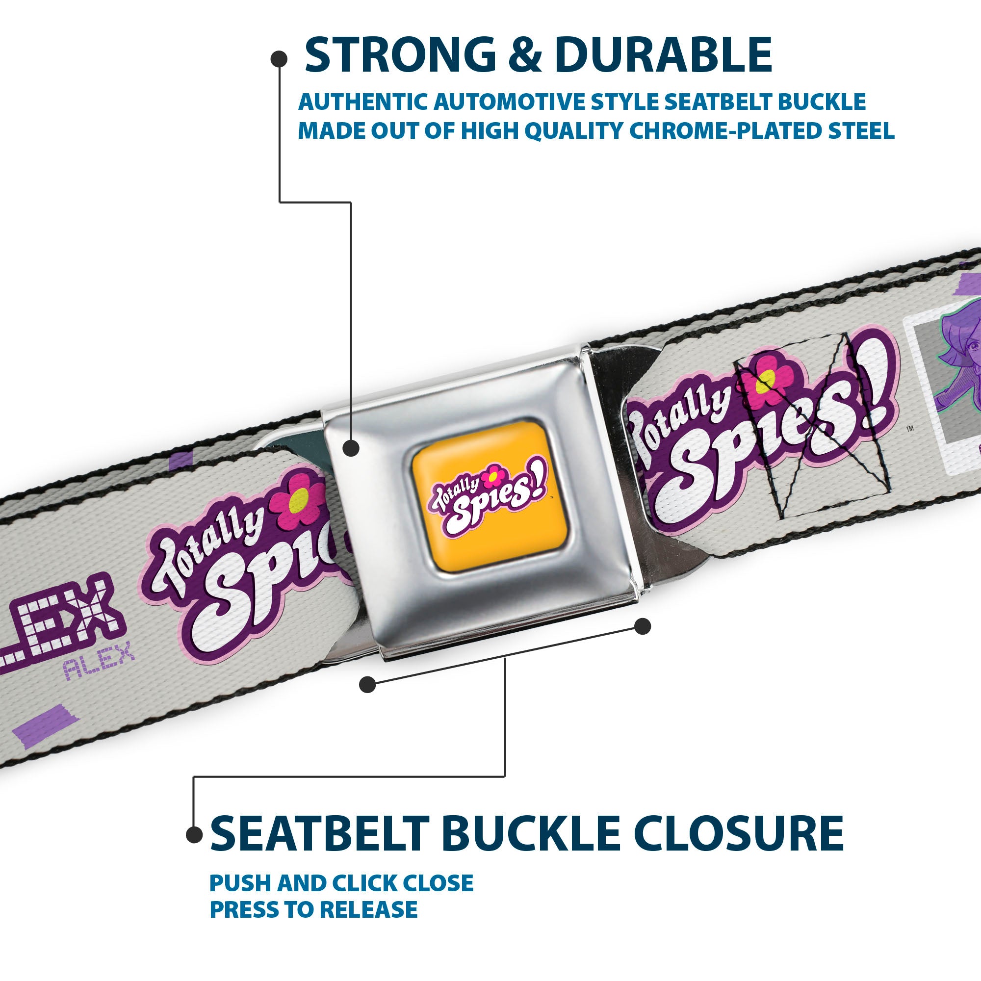 TOTALLY SPIES! Title Logo Full Color Yellow Seatbelt Belt - TOTALLY SPIES CLOVER SAM ALEX Pose Blocks and Text Grays/Purple/Blue Webbing