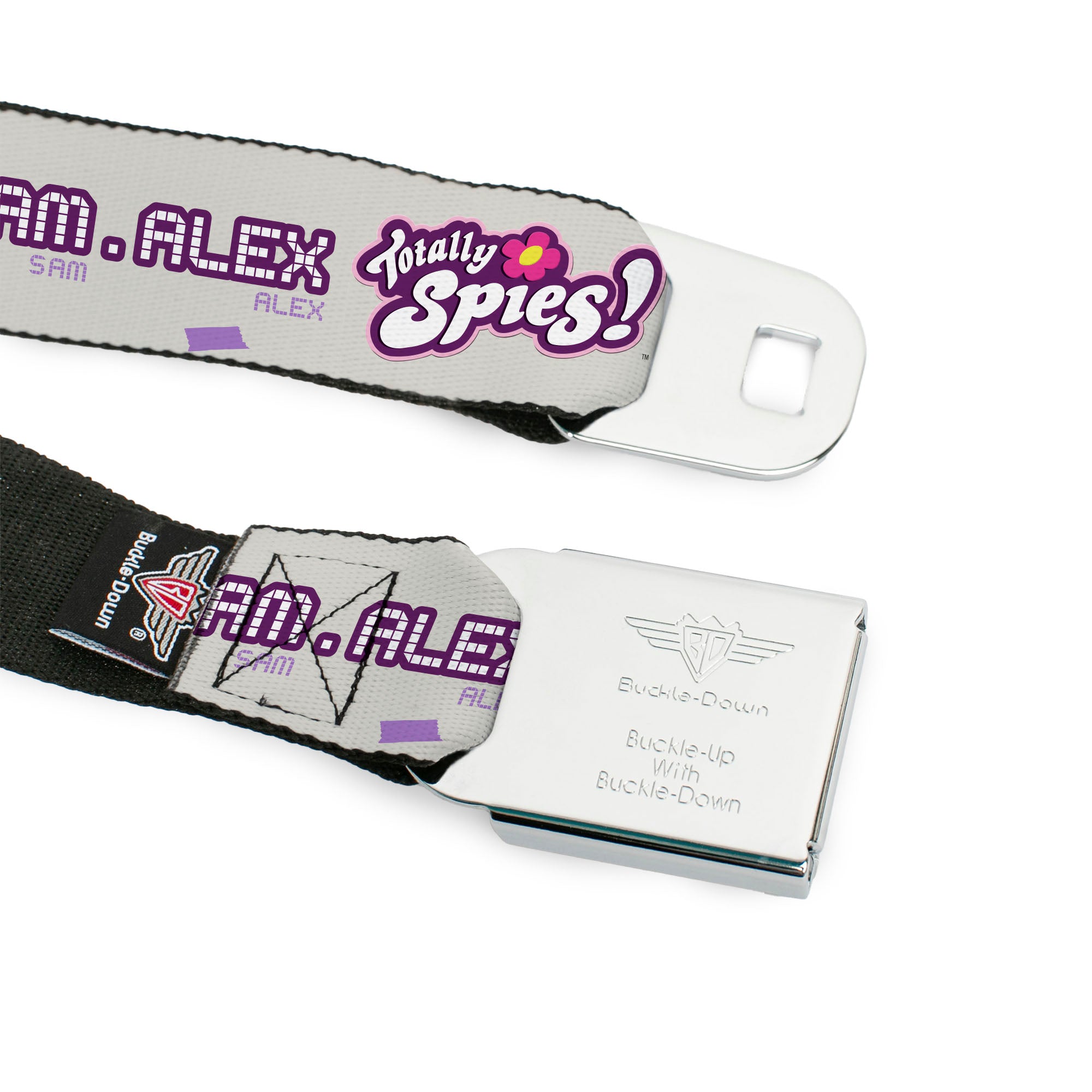TOTALLY SPIES! Title Logo Full Color Yellow Seatbelt Belt - TOTALLY SPIES CLOVER SAM ALEX Pose Blocks and Text Grays/Purple/Blue Webbing