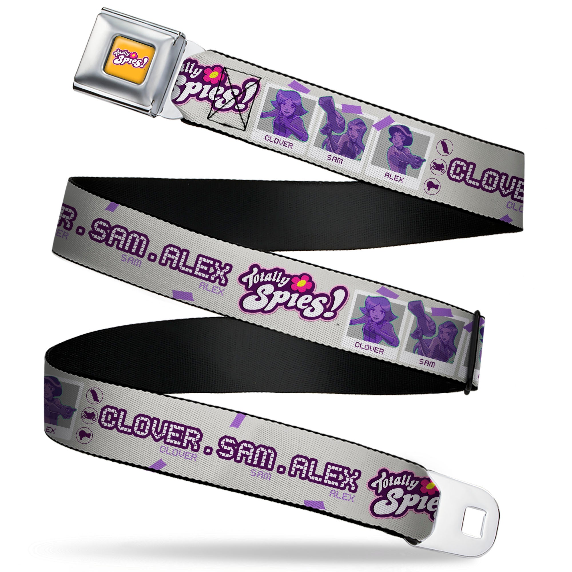 TOTALLY SPIES! Title Logo Full Color Yellow Seatbelt Belt - TOTALLY SPIES CLOVER SAM ALEX Pose Blocks and Text Grays/Purple/Blue Webbing