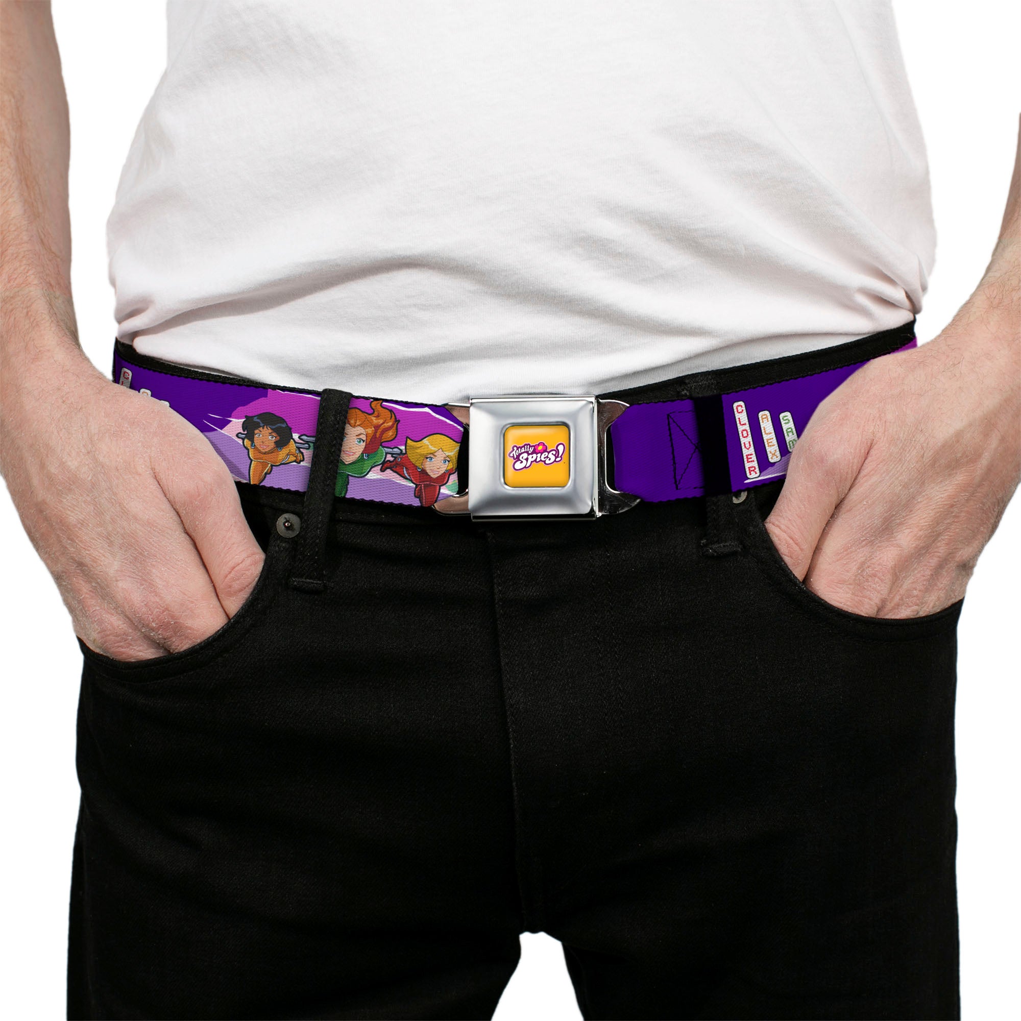 TOTALLY SPIES! Title Logo Full Color Yellow Seatbelt Belt - TOTALLY SPIES Group Action Pose and Title Logo Purple/Multi Color Webbing