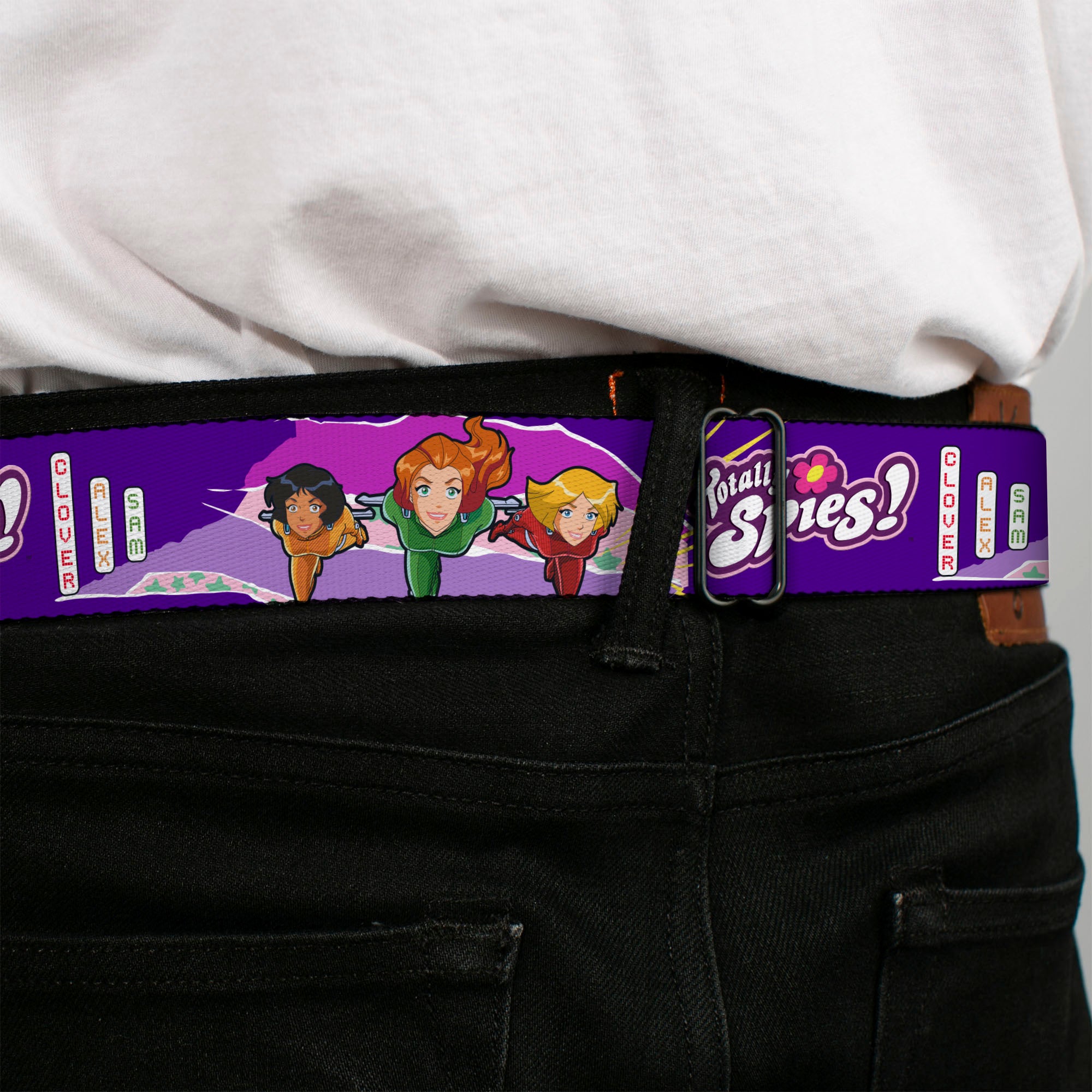 TOTALLY SPIES! Title Logo Full Color Yellow Seatbelt Belt - TOTALLY SPIES Group Action Pose and Title Logo Purple/Multi Color Webbing