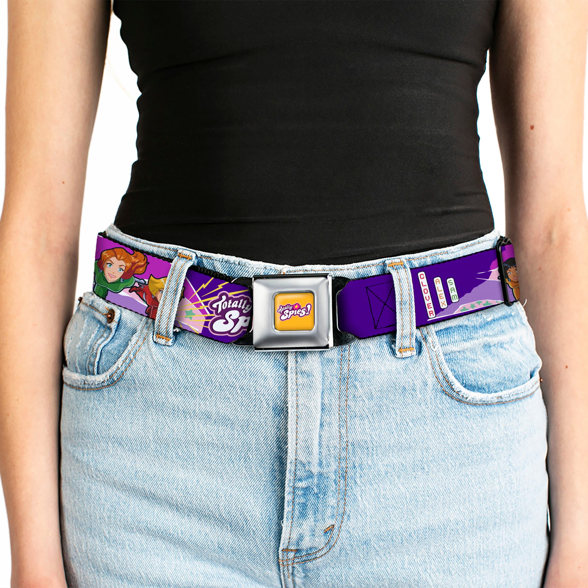 TOTALLY SPIES! Title Logo Full Color Yellow Seatbelt Belt - TOTALLY SPIES Group Action Pose and Title Logo Purple/Multi Color Webbing