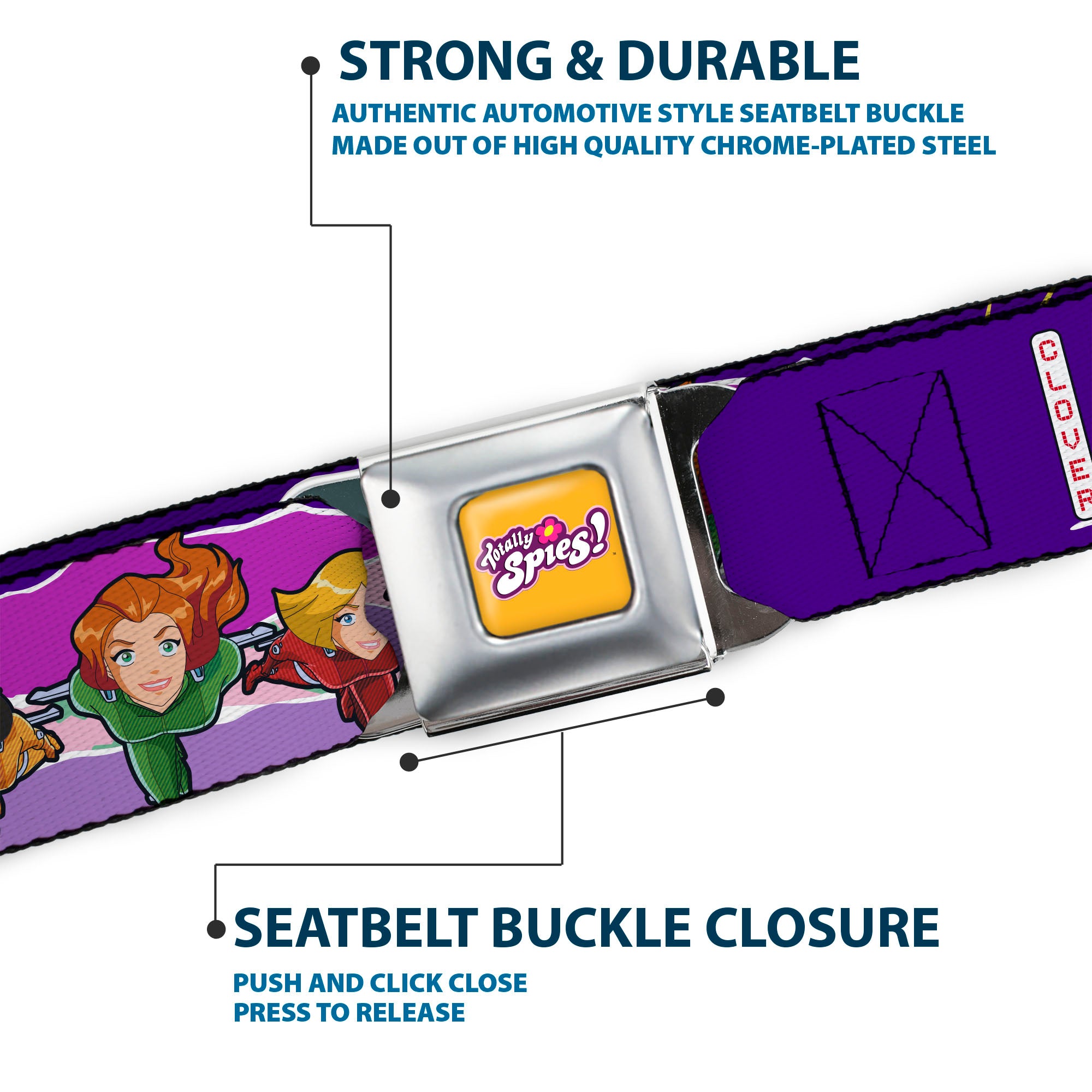TOTALLY SPIES! Title Logo Full Color Yellow Seatbelt Belt - TOTALLY SPIES Group Action Pose and Title Logo Purple/Multi Color Webbing