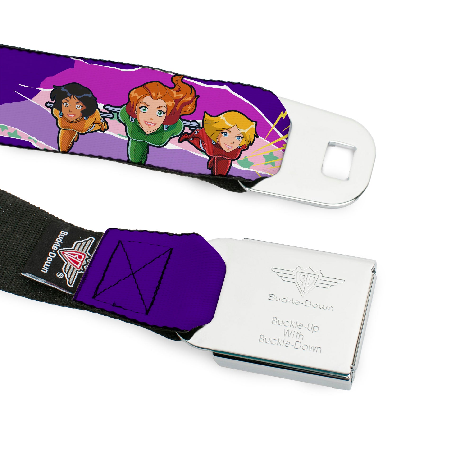 TOTALLY SPIES! Title Logo Full Color Yellow Seatbelt Belt - TOTALLY SPIES Group Action Pose and Title Logo Purple/Multi Color Webbing