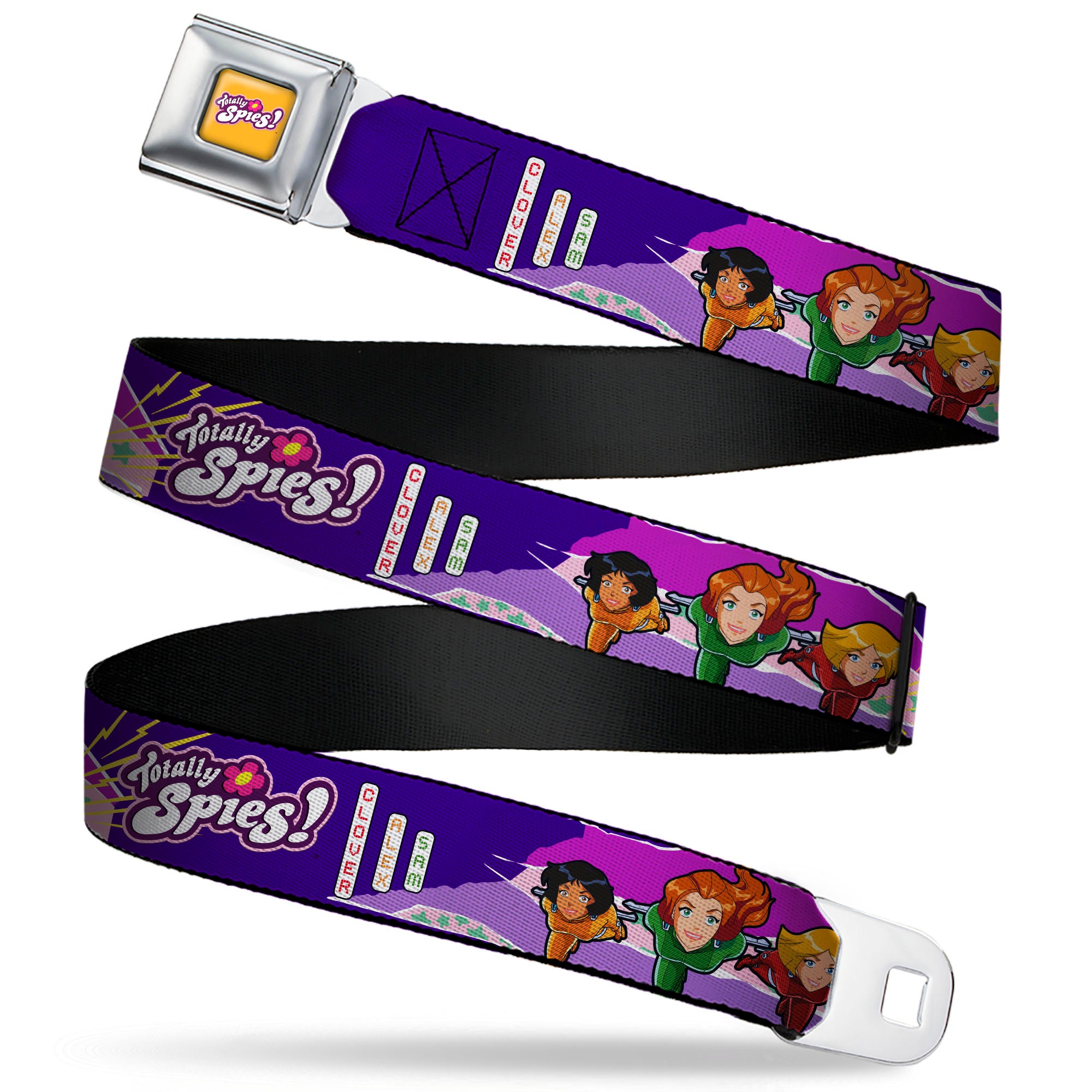 TOTALLY SPIES! Title Logo Full Color Yellow Seatbelt Belt - TOTALLY SPIES Group Action Pose and Title Logo Purple/Multi Color Webbing