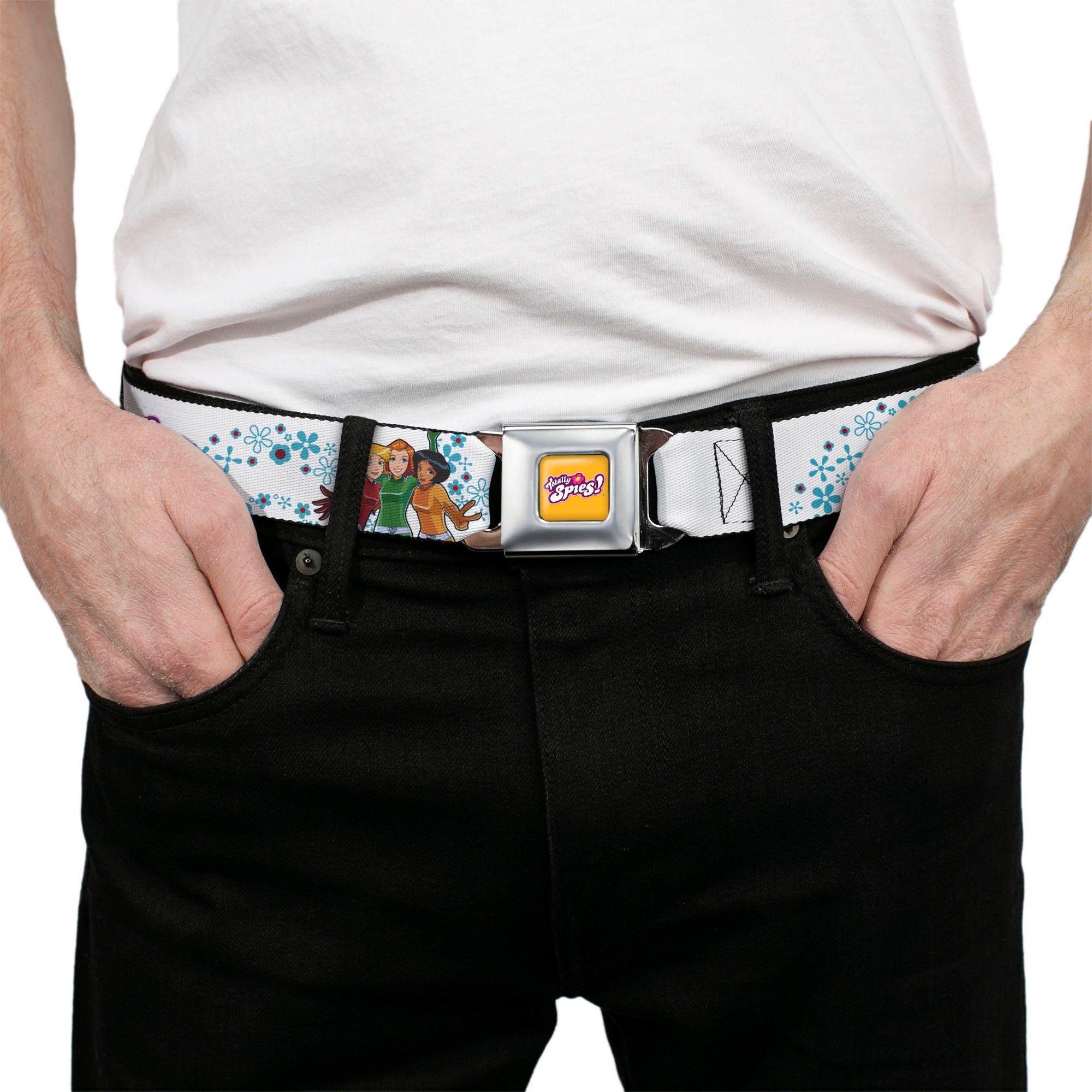 TOTALLY SPIES! Title Logo Full Color Yellow Seatbelt Belt - TOTALLY SPIES Group Pose and Flowers White/Blues Webbing