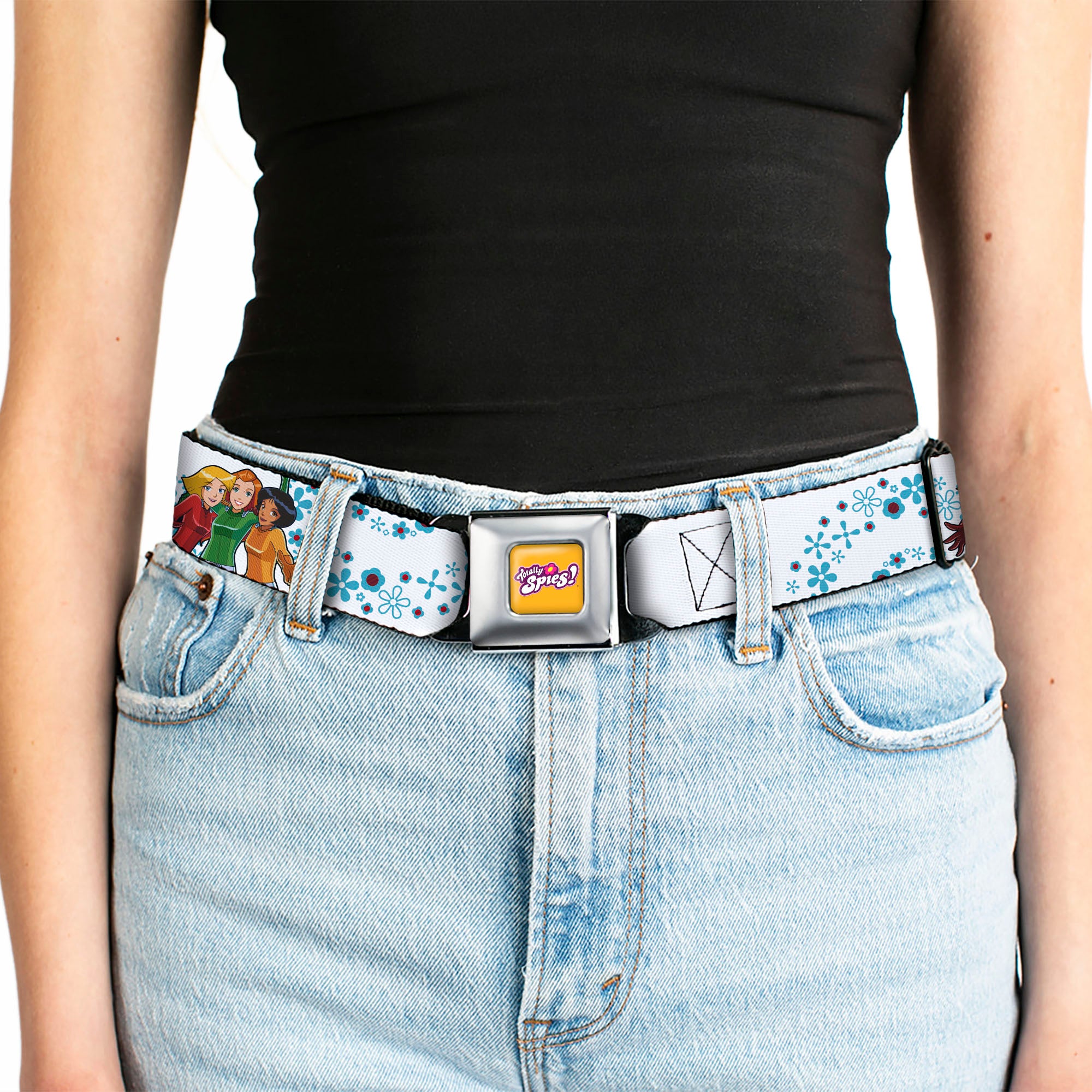 TOTALLY SPIES! Title Logo Full Color Yellow Seatbelt Belt - TOTALLY SPIES Group Pose and Flowers White/Blues Webbing