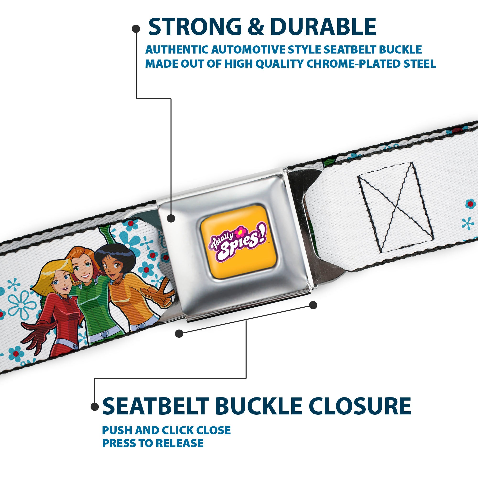 TOTALLY SPIES! Title Logo Full Color Yellow Seatbelt Belt - TOTALLY SPIES Group Pose and Flowers White/Blues Webbing