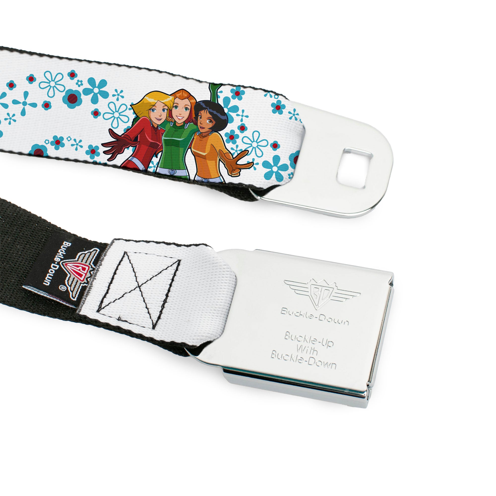 TOTALLY SPIES! Title Logo Full Color Yellow Seatbelt Belt - TOTALLY SPIES Group Pose and Flowers White/Blues Webbing