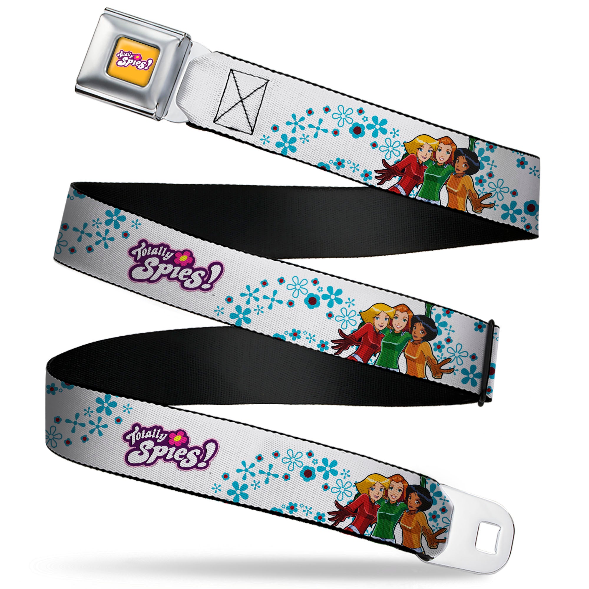 TOTALLY SPIES! Title Logo Full Color Yellow Seatbelt Belt - TOTALLY SPIES Group Pose and Flowers White/Blues Webbing