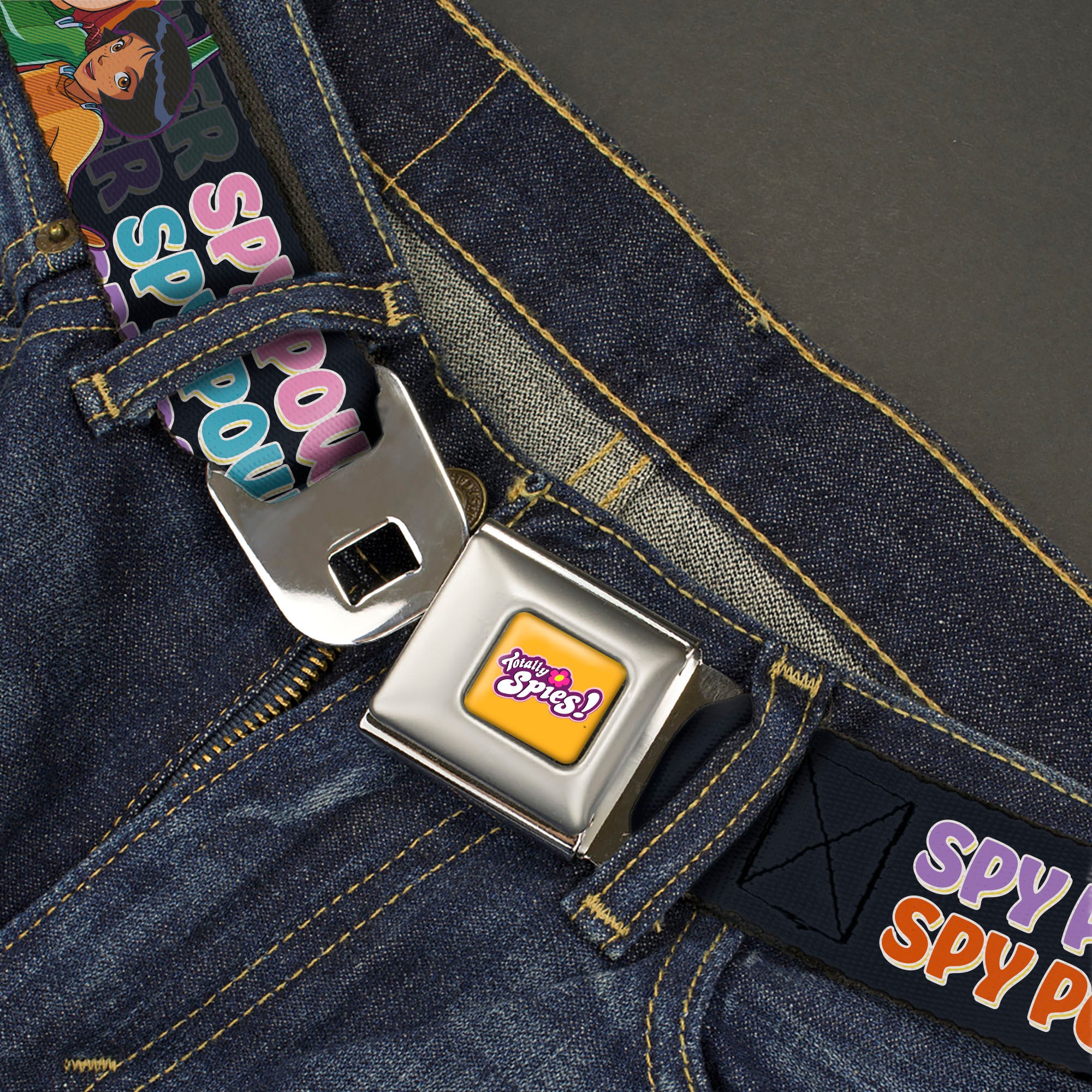 TOTALLY SPIES! Title Logo Full Color Yellow Seatbelt Belt - TOTALLY SPIES SPY POWER Group Pose Black/Multi Color Webbing