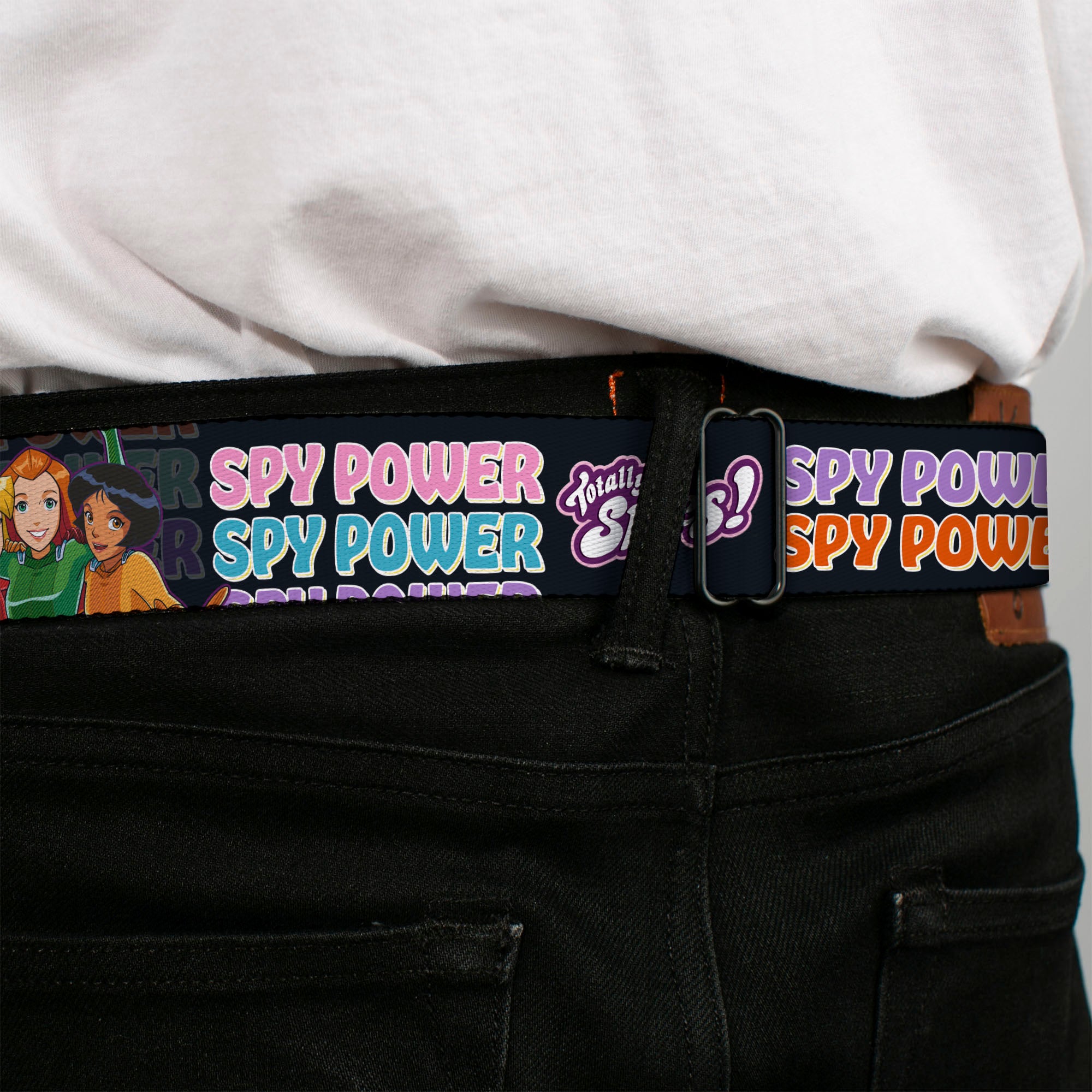 TOTALLY SPIES! Title Logo Full Color Yellow Seatbelt Belt - TOTALLY SPIES SPY POWER Group Pose Black/Multi Color Webbing