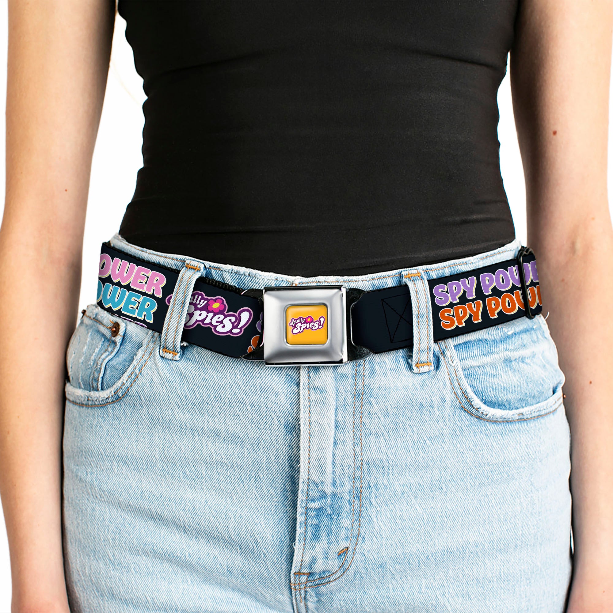 TOTALLY SPIES! Title Logo Full Color Yellow Seatbelt Belt - TOTALLY SPIES SPY POWER Group Pose Black/Multi Color Webbing