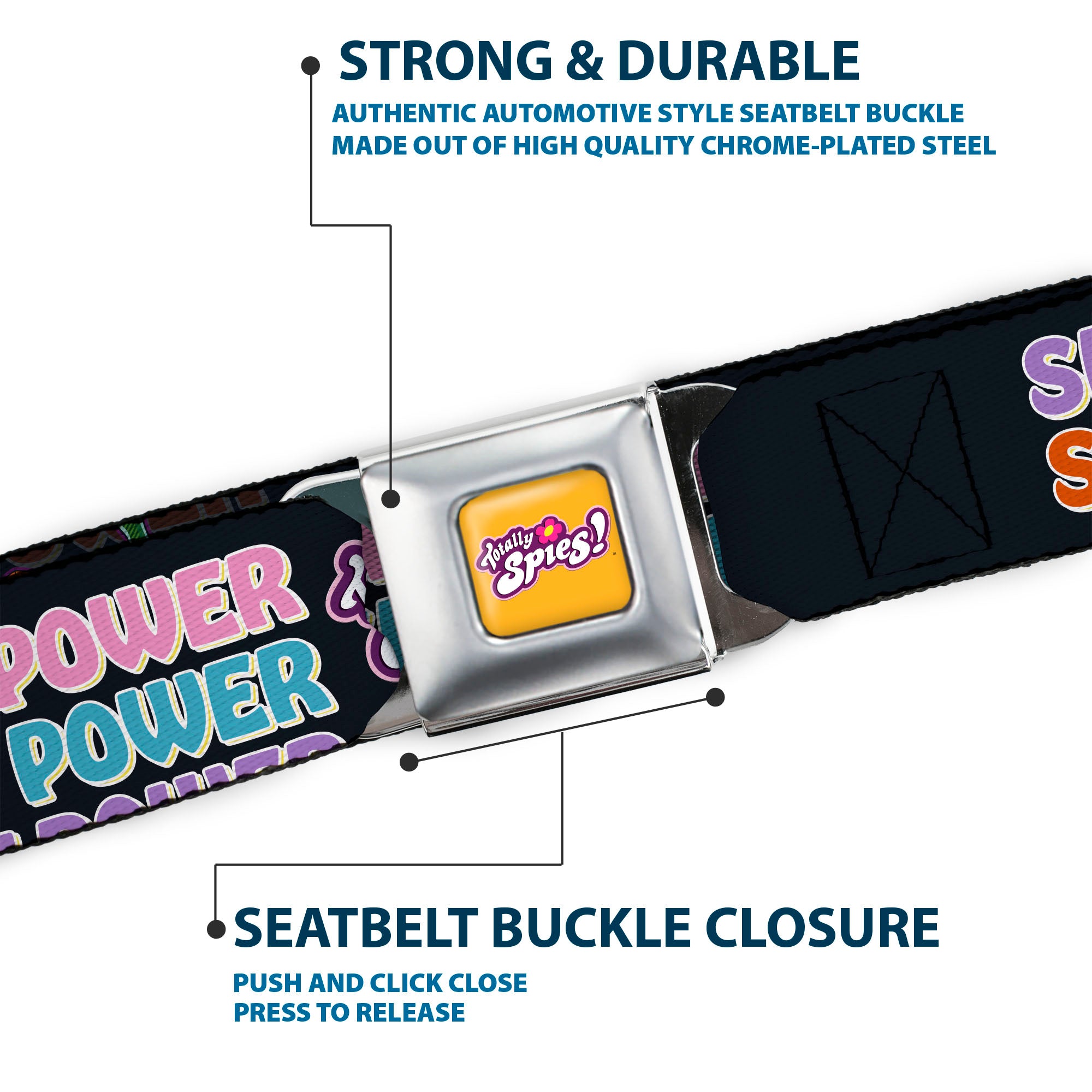 TOTALLY SPIES! Title Logo Full Color Yellow Seatbelt Belt - TOTALLY SPIES SPY POWER Group Pose Black/Multi Color Webbing