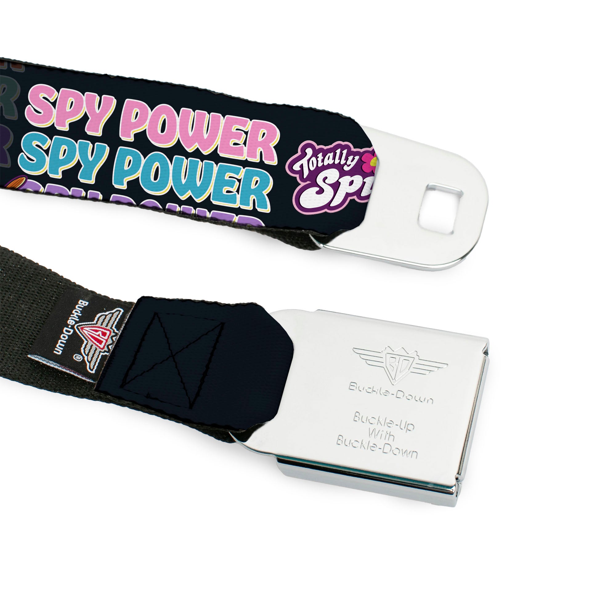 TOTALLY SPIES! Title Logo Full Color Yellow Seatbelt Belt - TOTALLY SPIES SPY POWER Group Pose Black/Multi Color Webbing