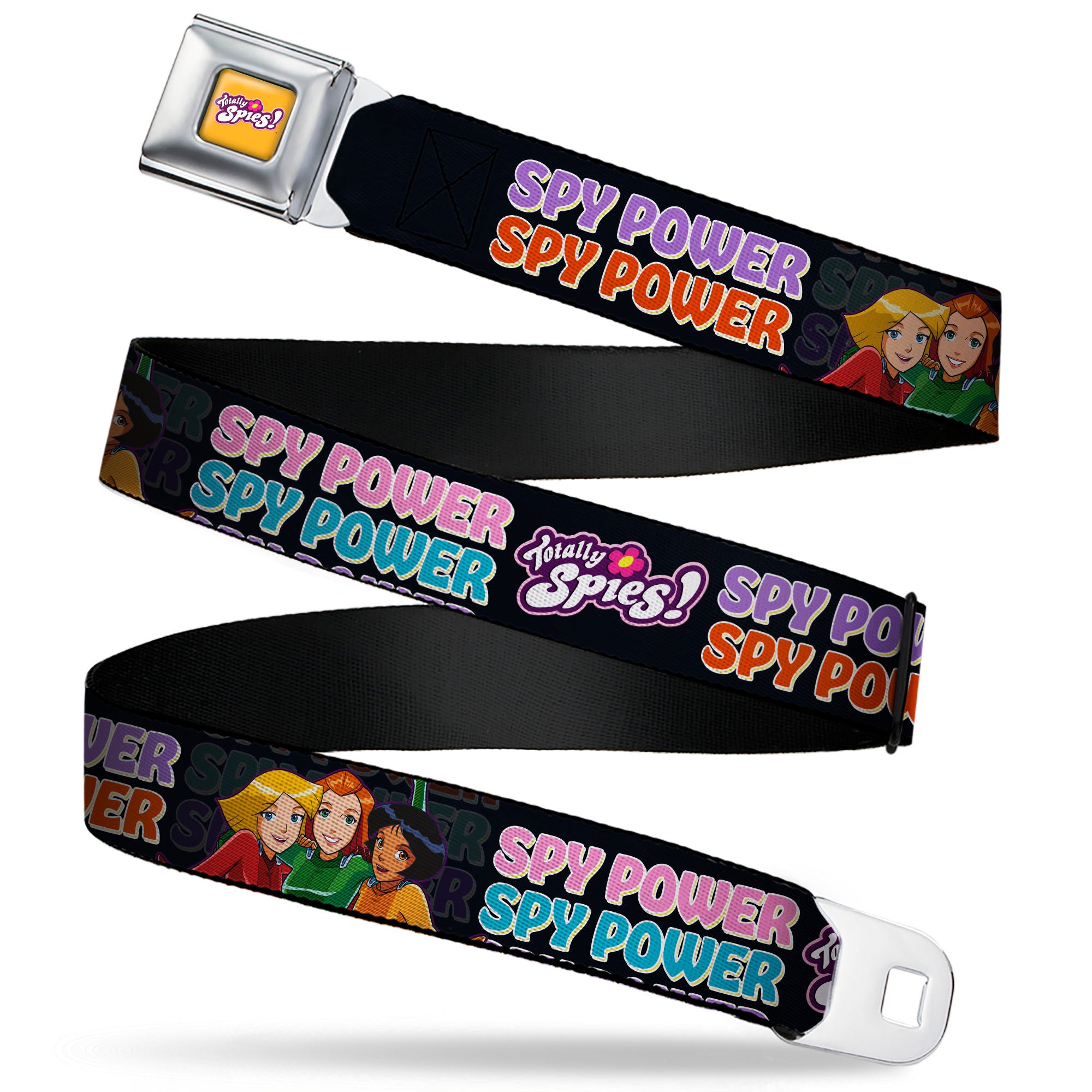 TOTALLY SPIES! Title Logo Full Color Yellow Seatbelt Belt - TOTALLY SPIES SPY POWER Group Pose Black/Multi Color Webbing