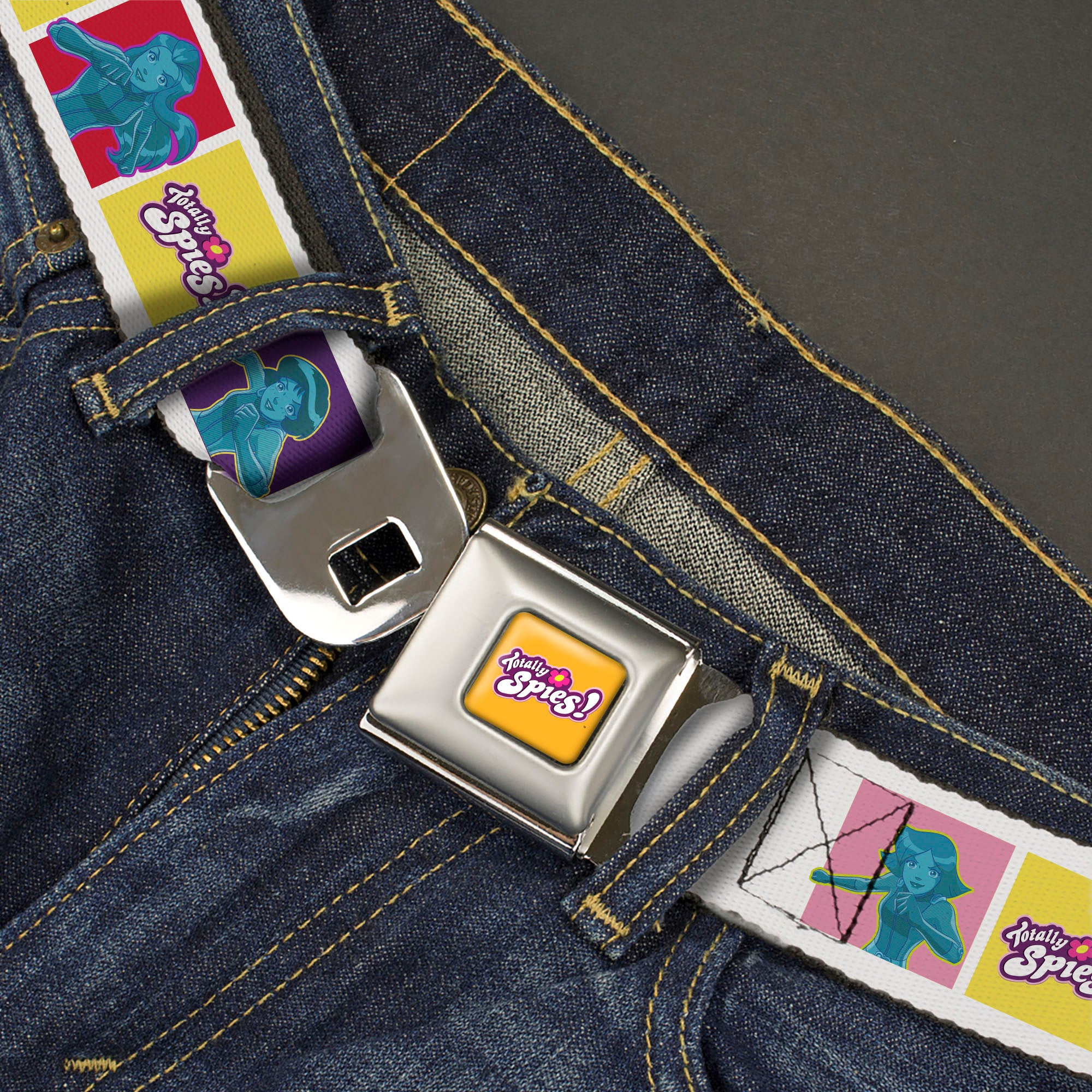 TOTALLY SPIES! Title Logo Full Color Yellow Seatbelt Belt - TOTALLY SPIES Title Logo and Character Pose Blocks Multi Color Webbing