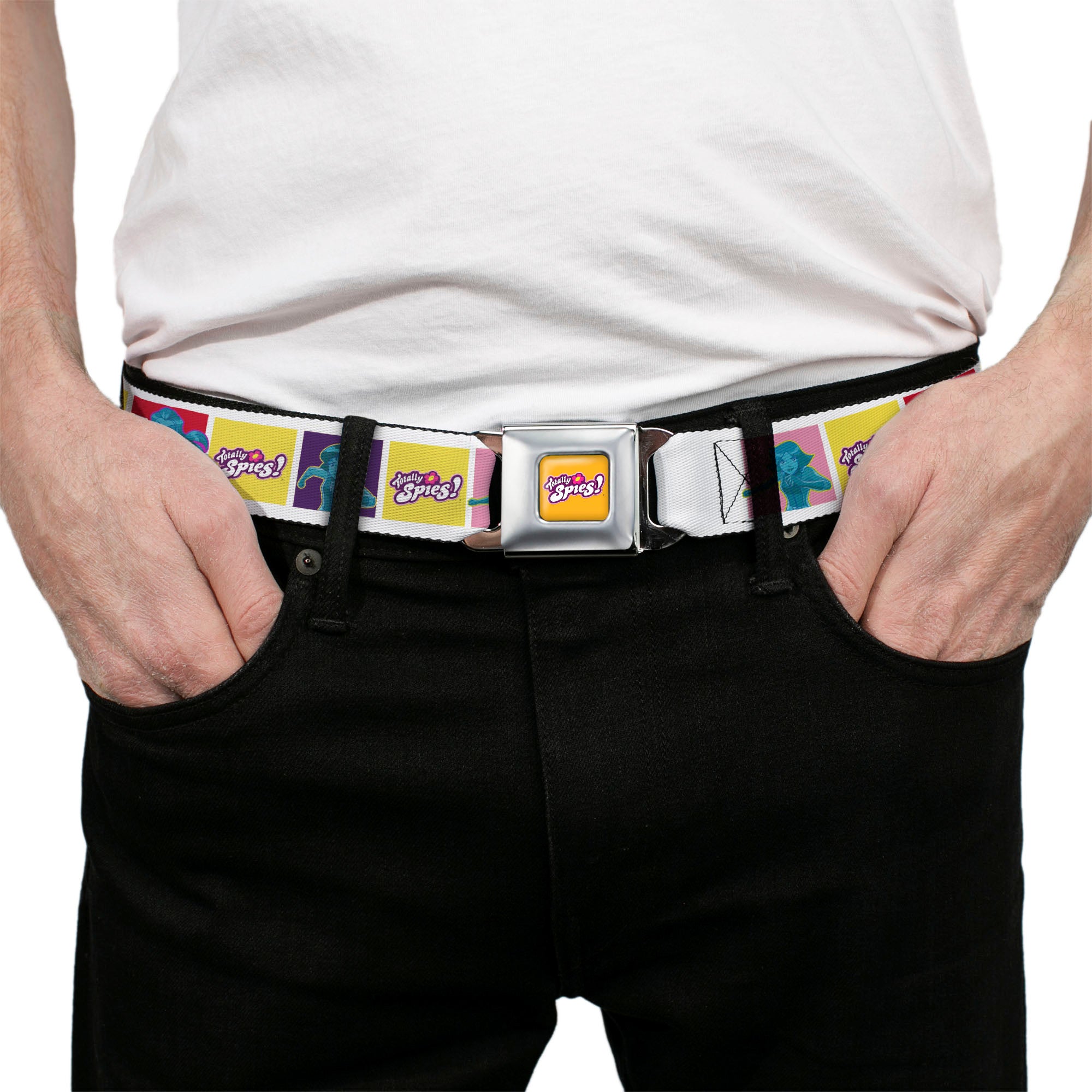 TOTALLY SPIES! Title Logo Full Color Yellow Seatbelt Belt - TOTALLY SPIES Title Logo and Character Pose Blocks Multi Color Webbing