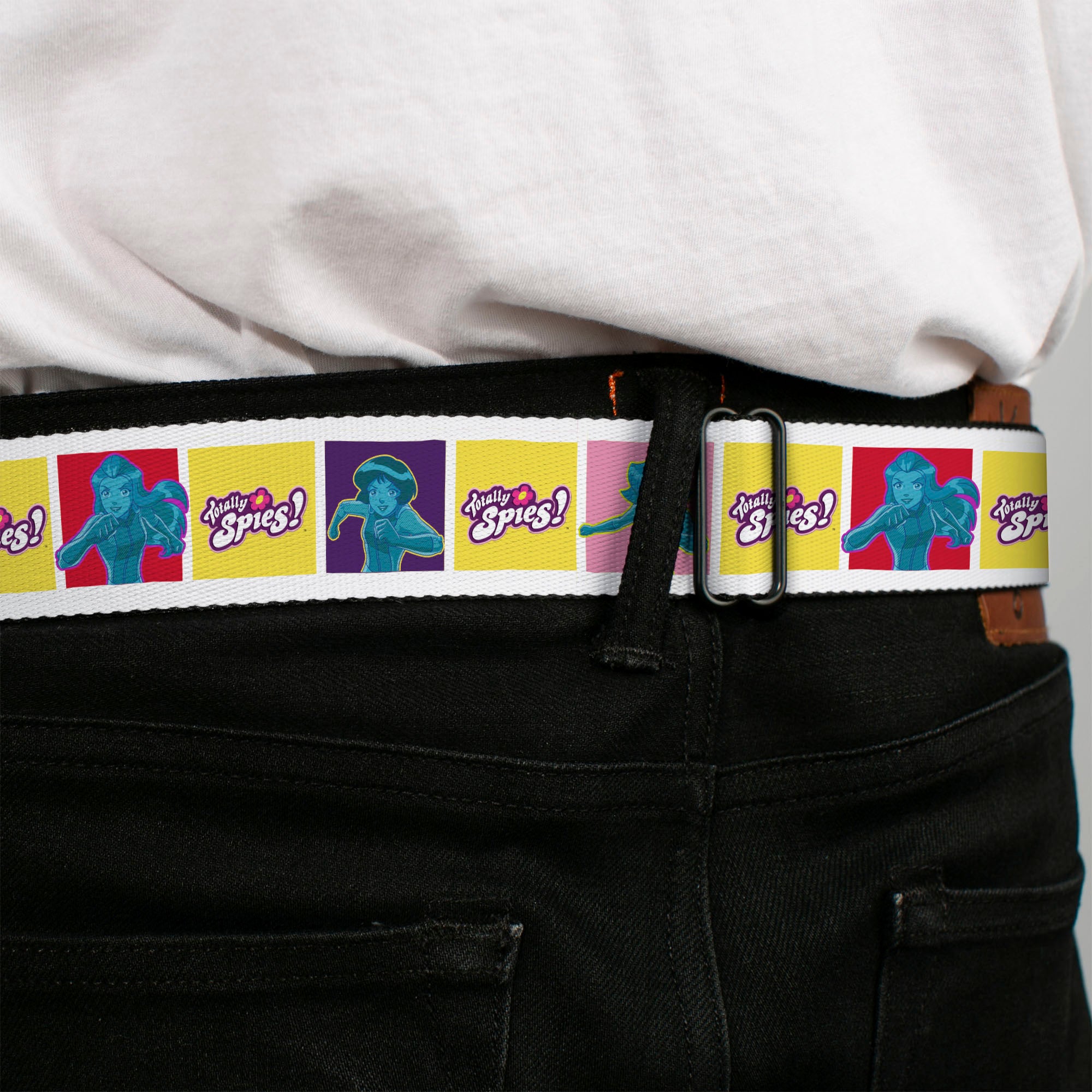TOTALLY SPIES! Title Logo Full Color Yellow Seatbelt Belt - TOTALLY SPIES Title Logo and Character Pose Blocks Multi Color Webbing