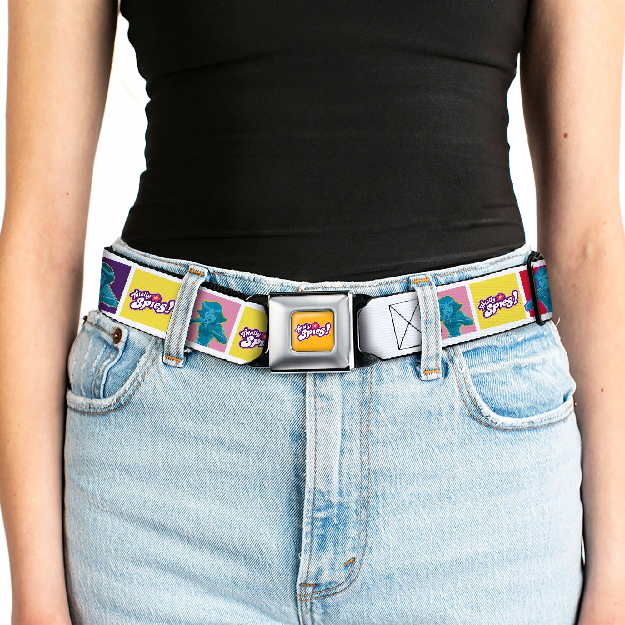 TOTALLY SPIES! Title Logo Full Color Yellow Seatbelt Belt - TOTALLY SPIES Title Logo and Character Pose Blocks Multi Color Webbing