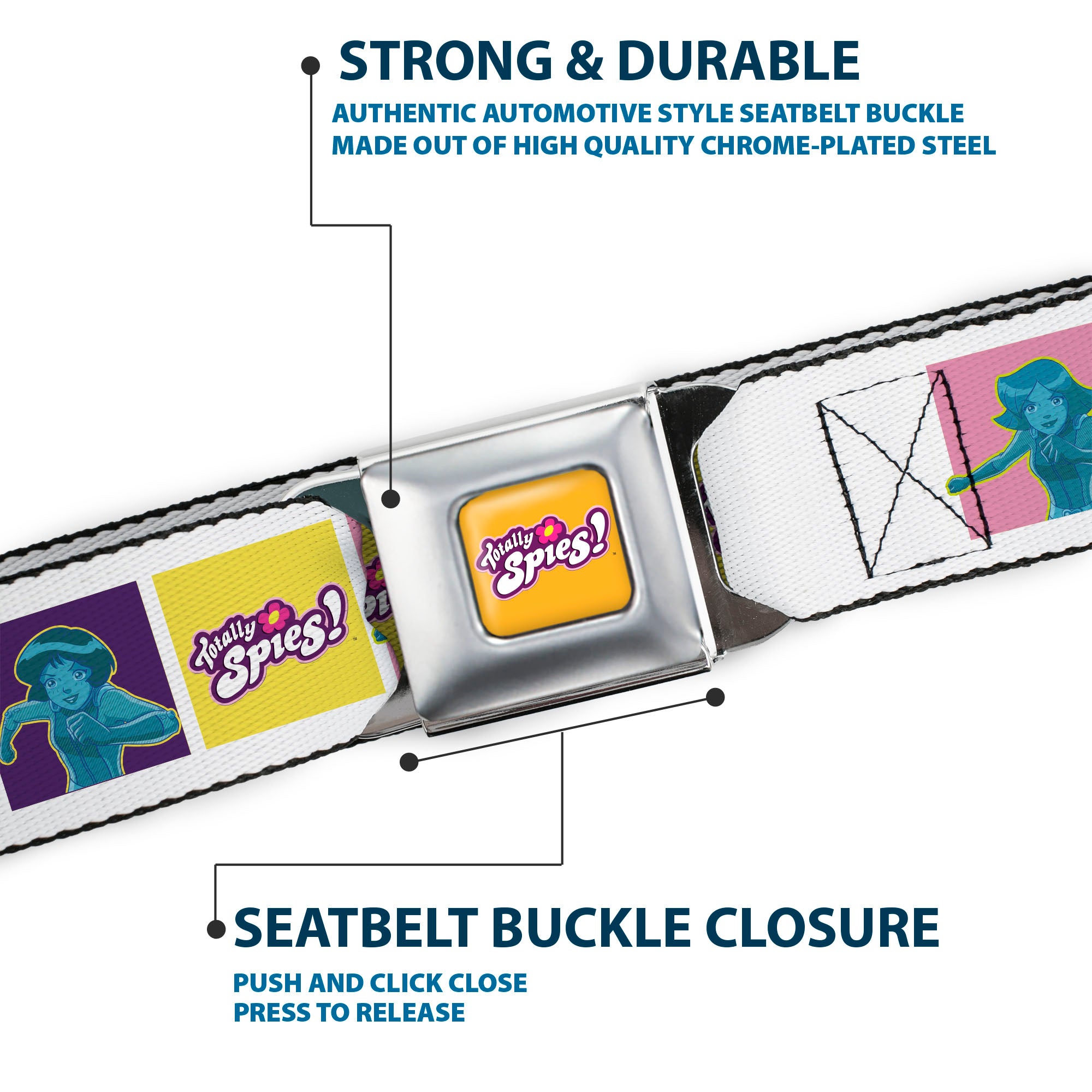 TOTALLY SPIES! Title Logo Full Color Yellow Seatbelt Belt - TOTALLY SPIES Title Logo and Character Pose Blocks Multi Color Webbing