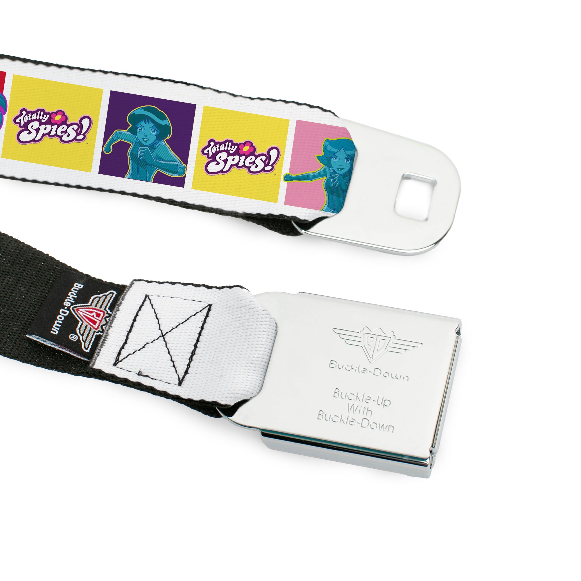 TOTALLY SPIES! Title Logo Full Color Yellow Seatbelt Belt - TOTALLY SPIES Title Logo and Character Pose Blocks Multi Color Webbing