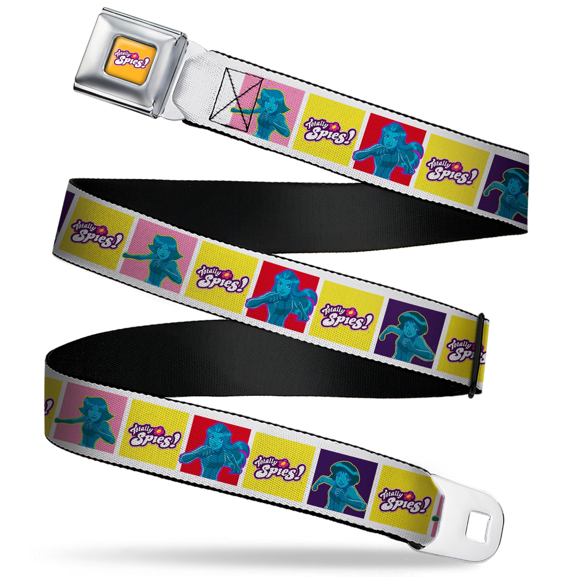 TOTALLY SPIES! Title Logo Full Color Yellow Seatbelt Belt - TOTALLY SPIES Title Logo and Character Pose Blocks Multi Color Webbing