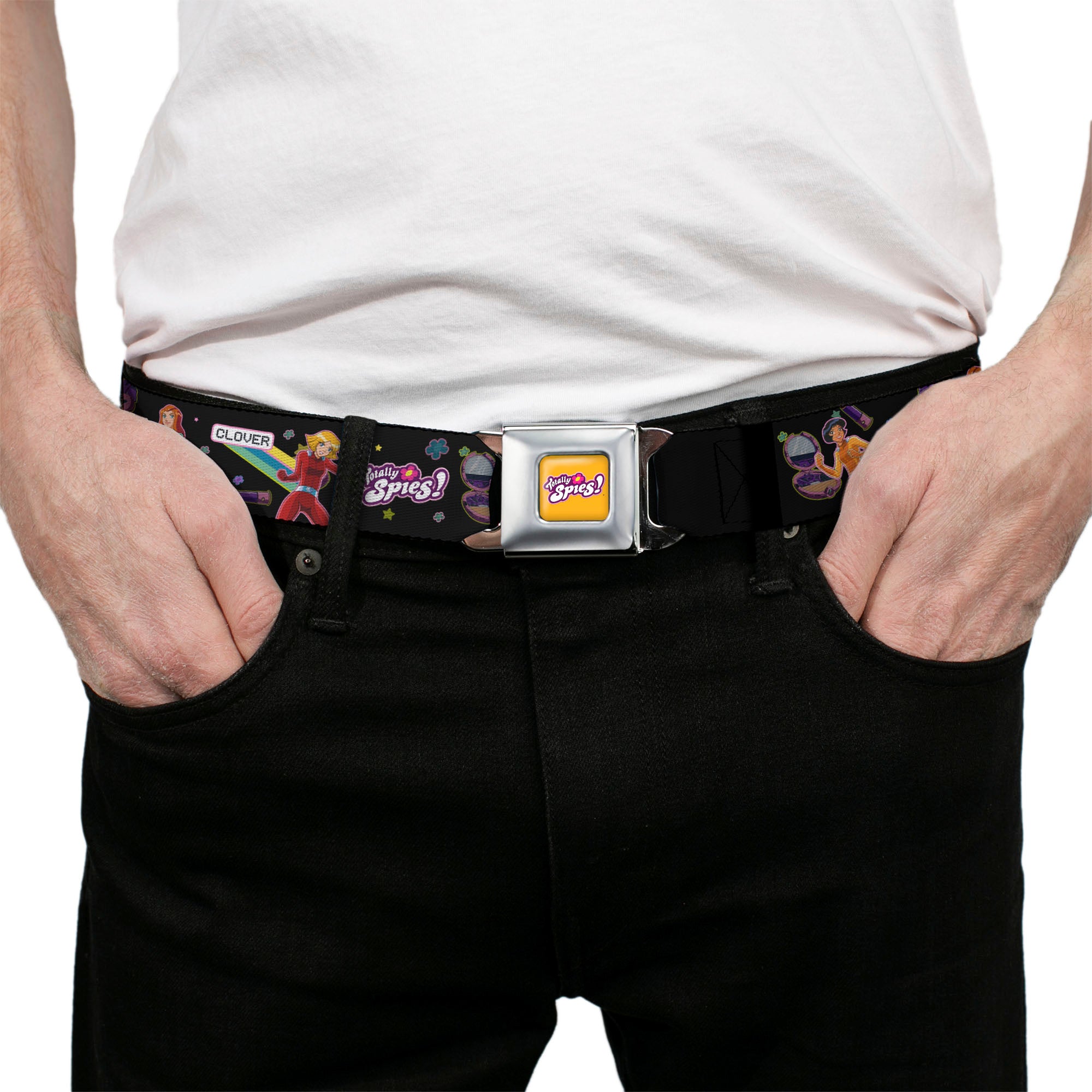 TOTALLY SPIES! Title Logo Full Color Yellow Seatbelt Belt - TOTALLY SPIES Action Poses and Title Logo Black/Multi Color Webbing